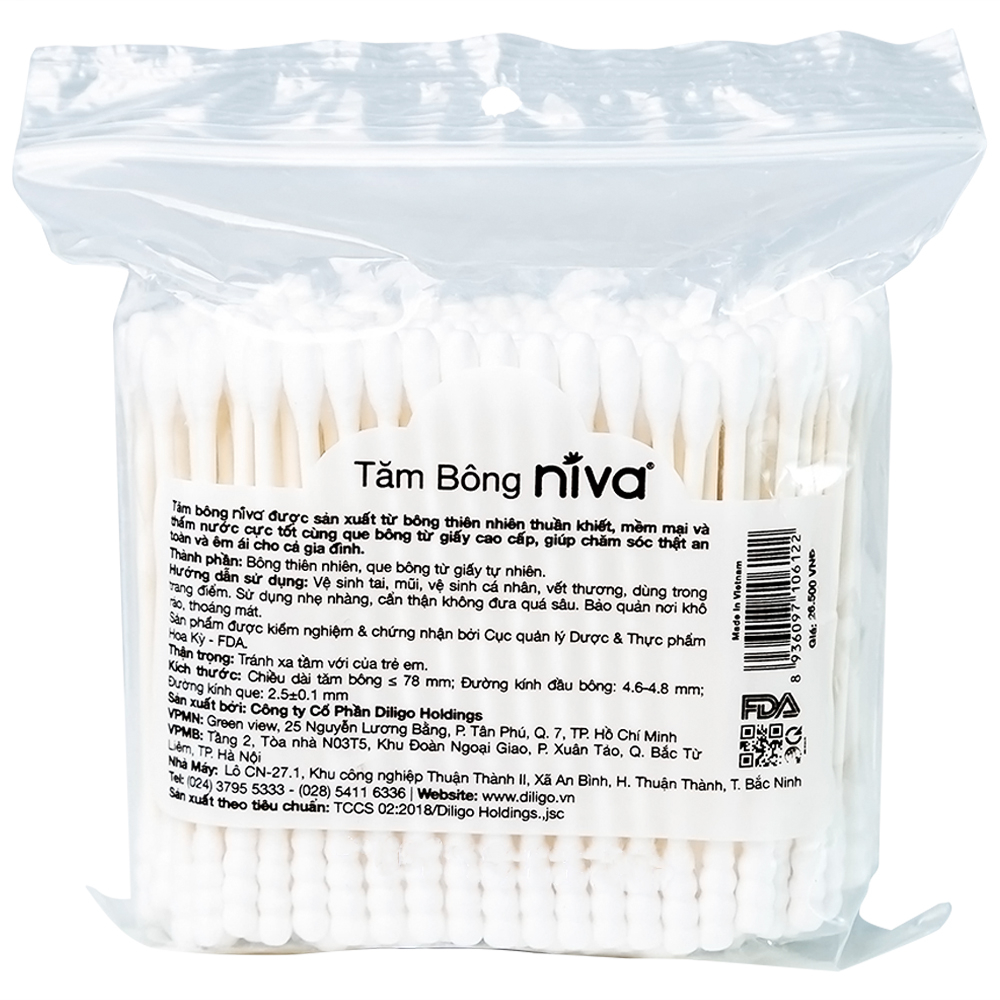 Tăm bông Niva AZP3 Paper Cotton Buds túi Zip 1 đầu tròn 1 đầu xoắn vệ sinh tai, mũi, vết thương (200 que)