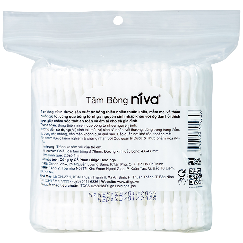 Tăm bông thân nhựa Niva AZ3 túi zip 1 đầu tròn 1 đầu xoắn vệ sinh tai, mũi, vết thương (200 que)