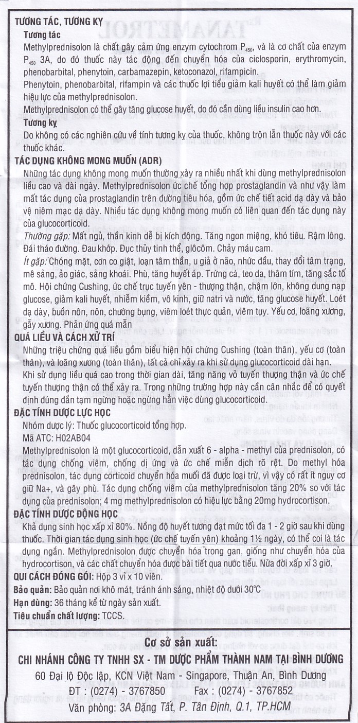 Viên nén TanaMetrol 4mg Thành Nam chống viêm và điều trị viêm khớp dạng thấp, lupus ban đỏ (3 vỉ x 10 viên)