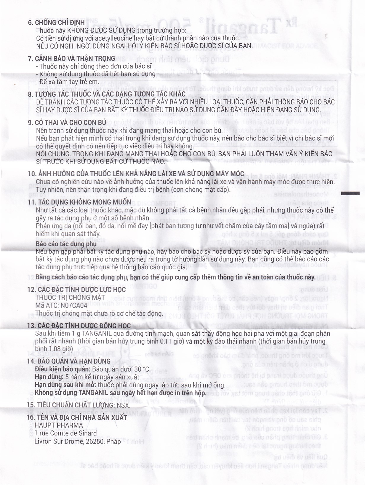Thuốc tiêm Tanganil 500mg/5ml Pierre Fabre điều trị triệu chứng các cơn chóng mặt (1 vỉ x 5 ống x 25ml) 