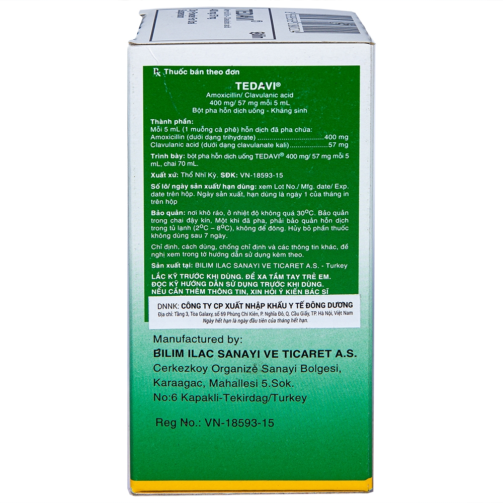 Bột pha uống Tedavi 400mg/57mg điều trị nhiễm khuẩn, viêm xoang, viêm tai giữa (70ml)