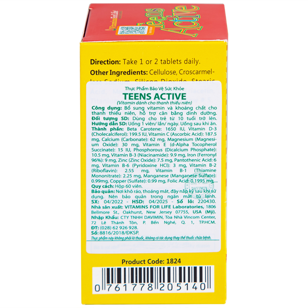 Viên uống bổ sung vitamin và khoáng chất cho thanh thiếu niên Teens Active Vitamins For Life (60 viên)
