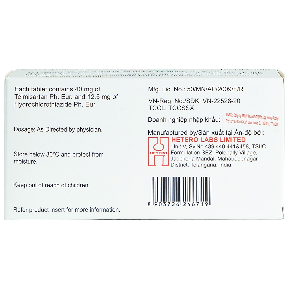 Thuốc Telsar-H 40/12.5 Hetero điều trị tăng huyết áp (3 vỉ x 10 viên)