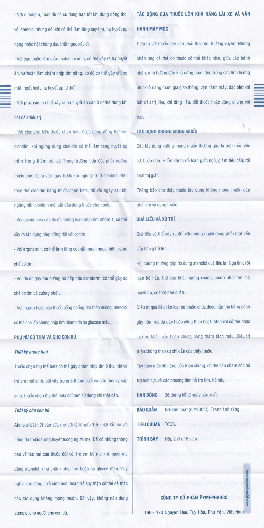 Thuốc Tenocar 50 Pymepharco điều trị tăng huyết áp, đau thắt ngực (2 vỉ x 15 viên)