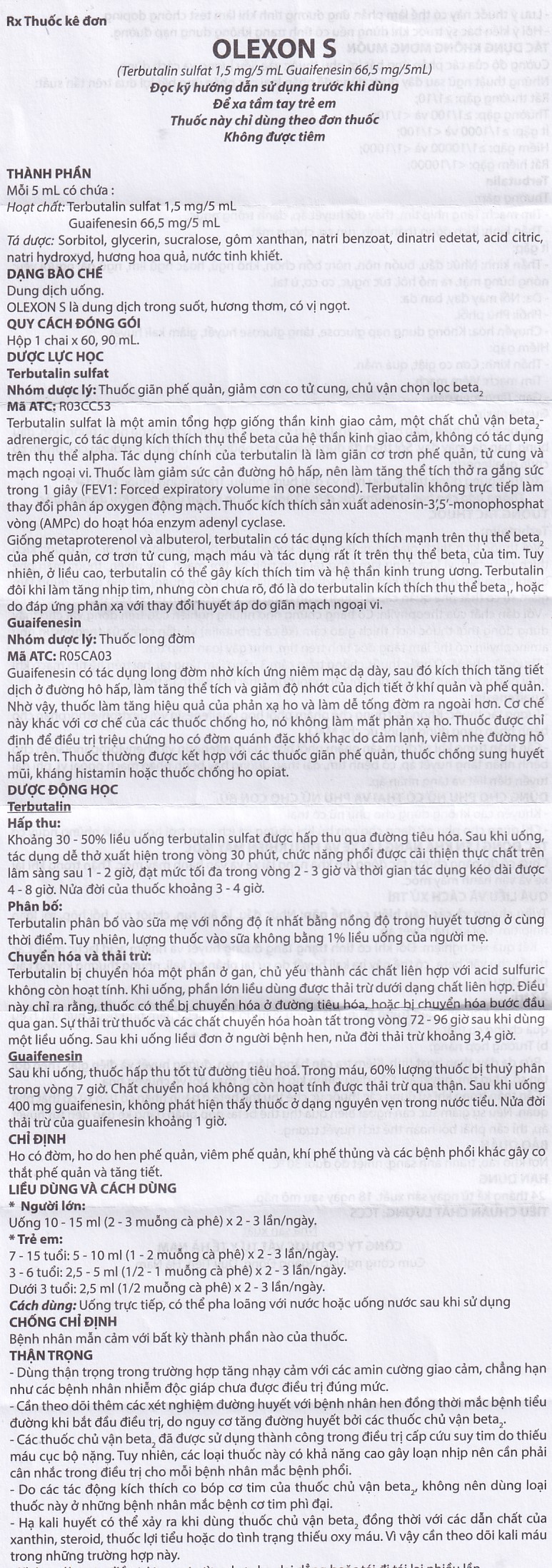 Dung dịch uống Terbutalin sulfat Guaifenesin OLEXON S Hà Nam điều trị ho có đờm, ho do hen phế quản (90ml)