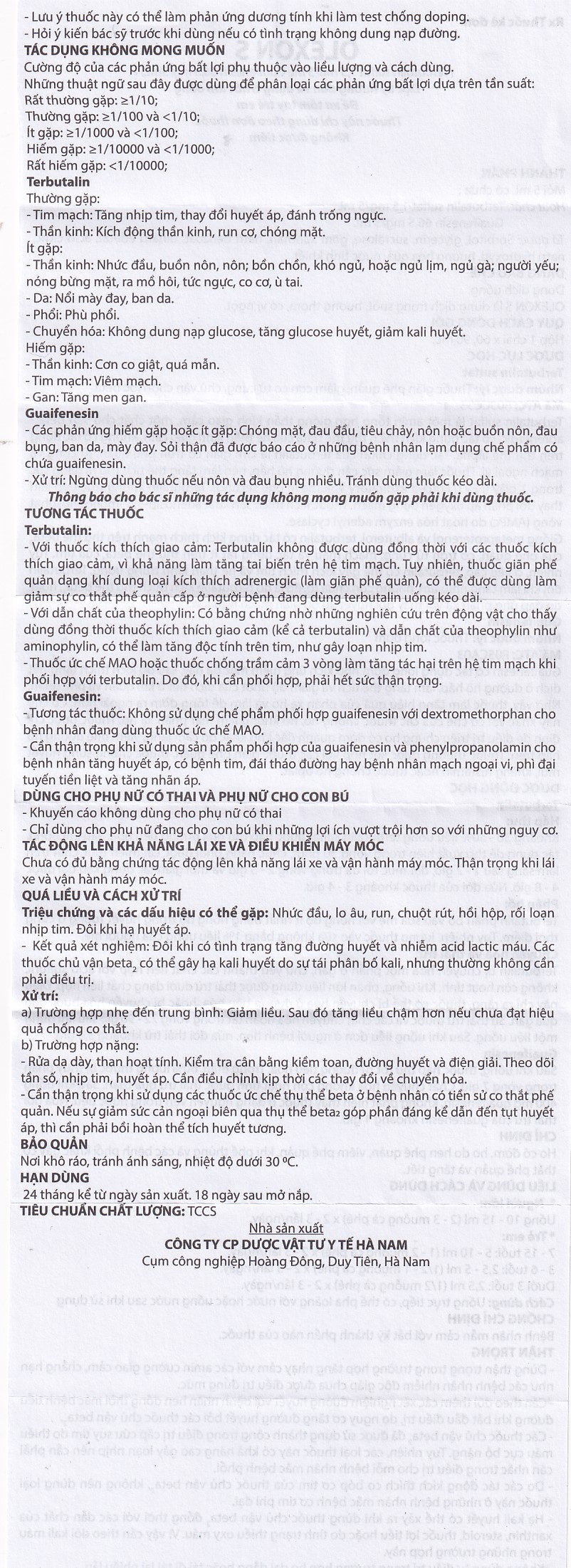 Dung dịch uống Terbutalin sulfat Guaifenesin OLEXON S Hà Nam điều trị ho có đờm, ho do hen phế quản (90ml)