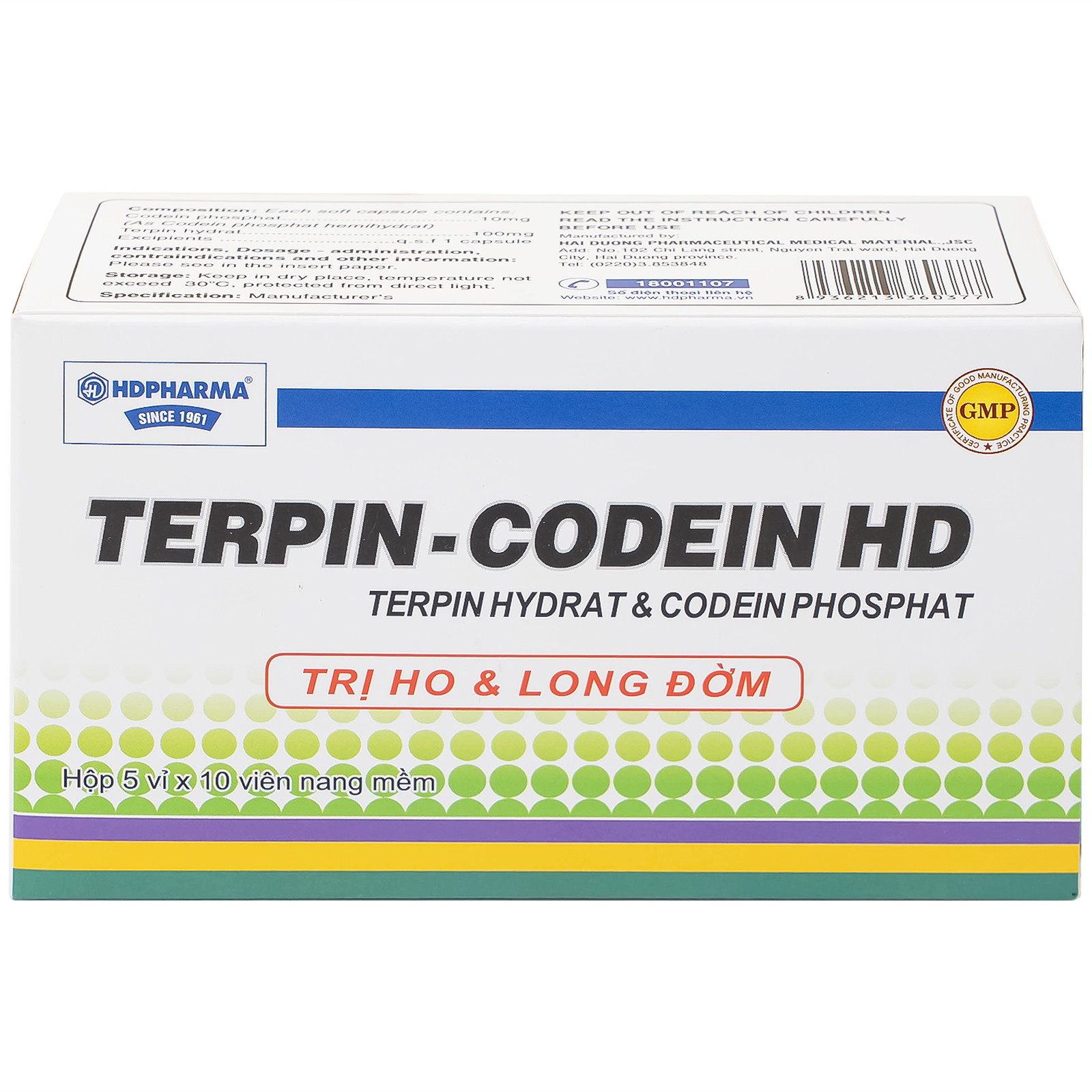 Thuốc Terpin-codein HD Hdpharma điều trị triệu chứng ho khan hoặc kích ứng (5 vỉ x 10 viên)
