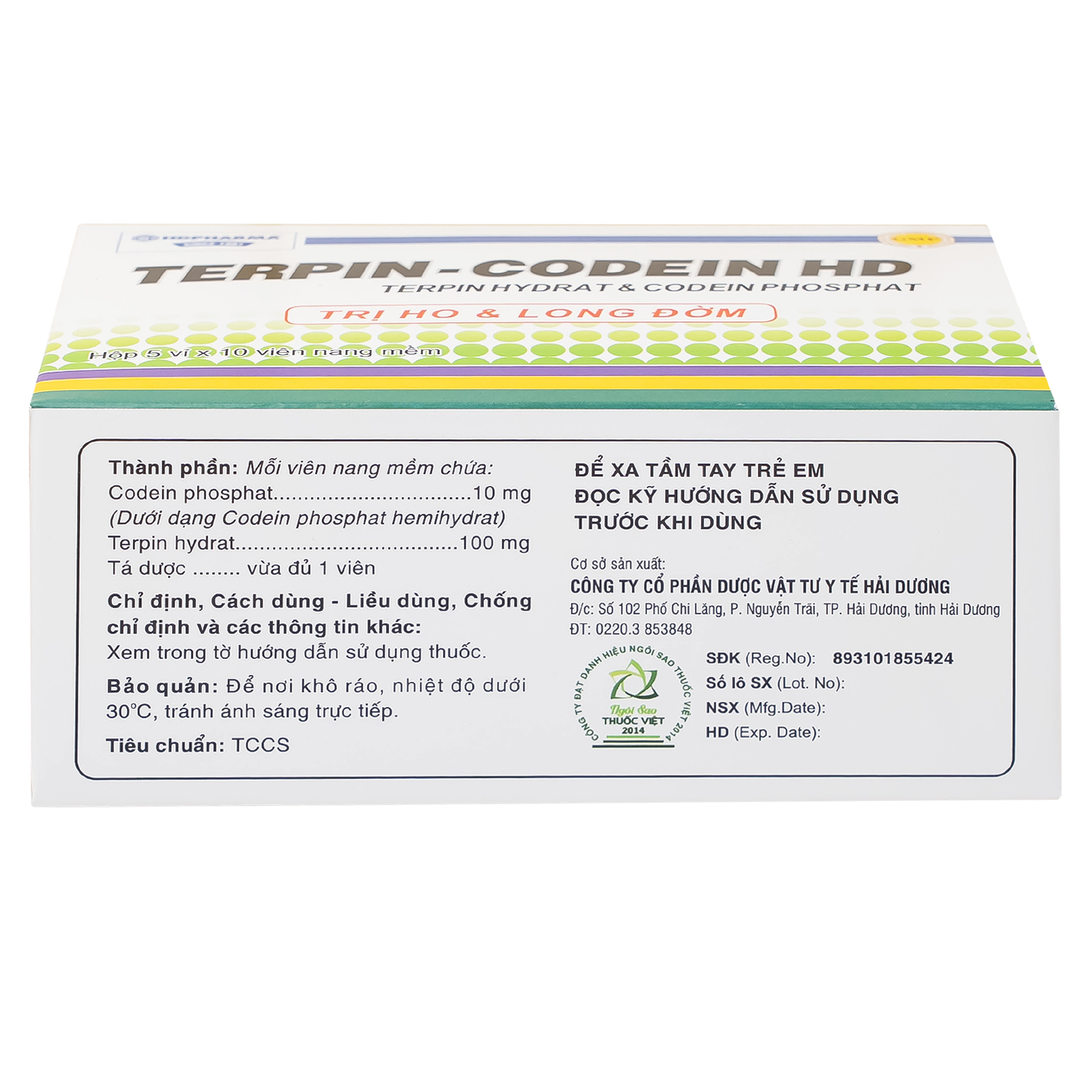 Thuốc Terpin-codein HD Hdpharma điều trị triệu chứng ho khan hoặc kích ứng (5 vỉ x 10 viên)