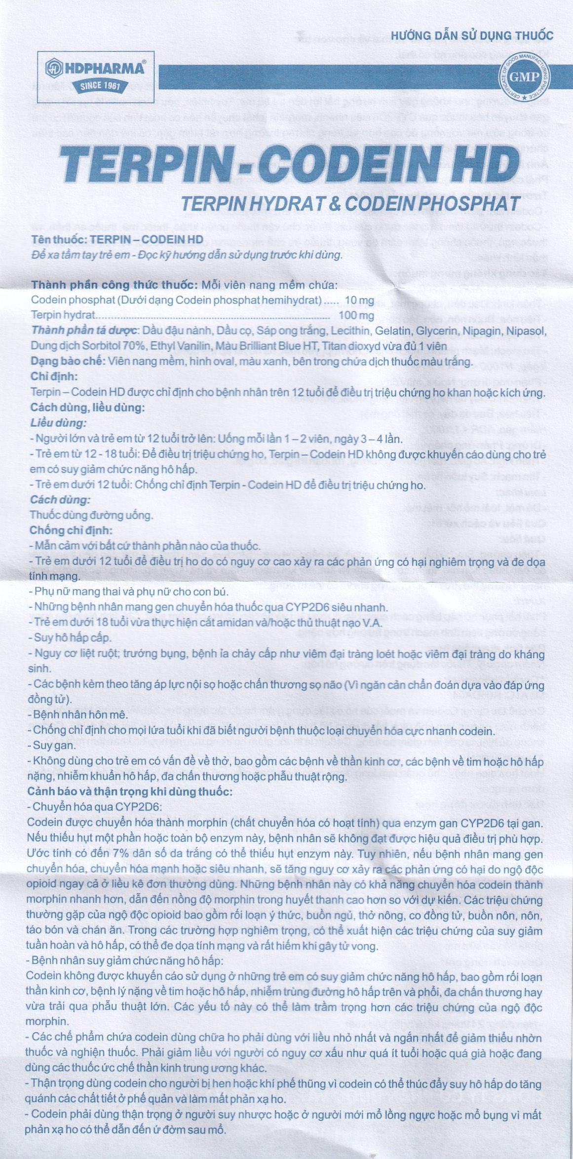 Thuốc Terpin-codein HD Hdpharma điều trị triệu chứng ho khan hoặc kích ứng (5 vỉ x 10 viên)