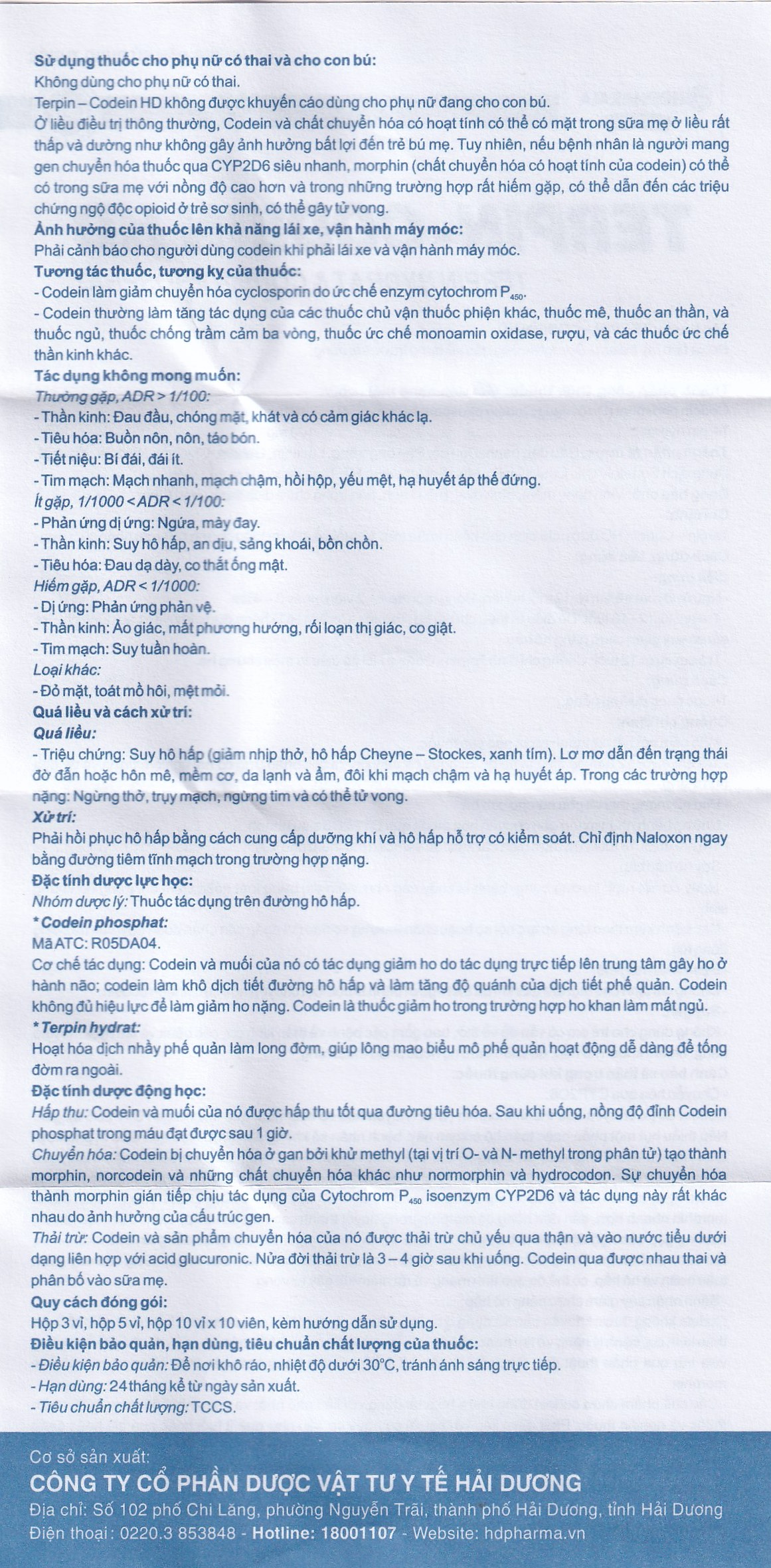 Thuốc Terpin-codein HD Hdpharma điều trị triệu chứng ho khan hoặc kích ứng (5 vỉ x 10 viên)