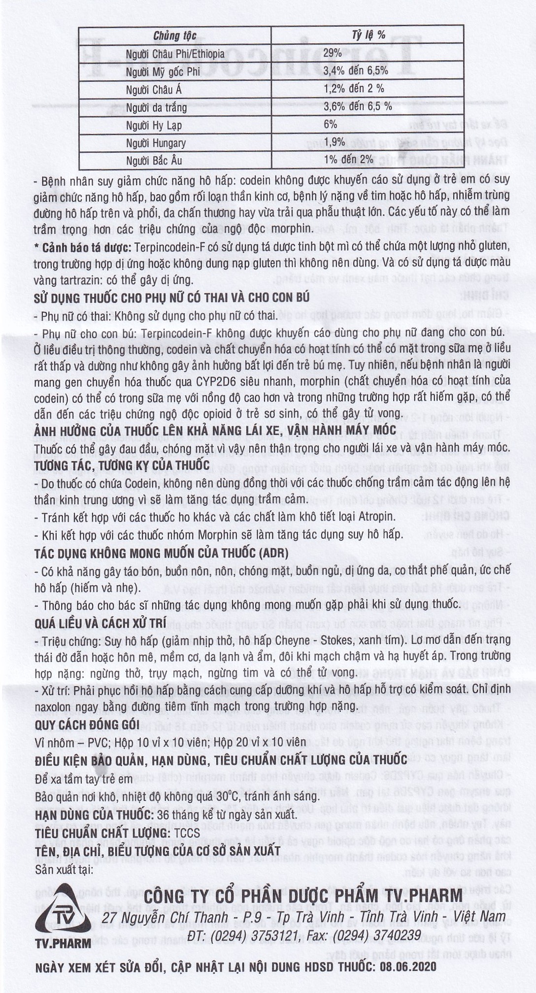 Thuốc Terpincodein-F giảm ho, long đờm (10 vỉ x 10 viên)