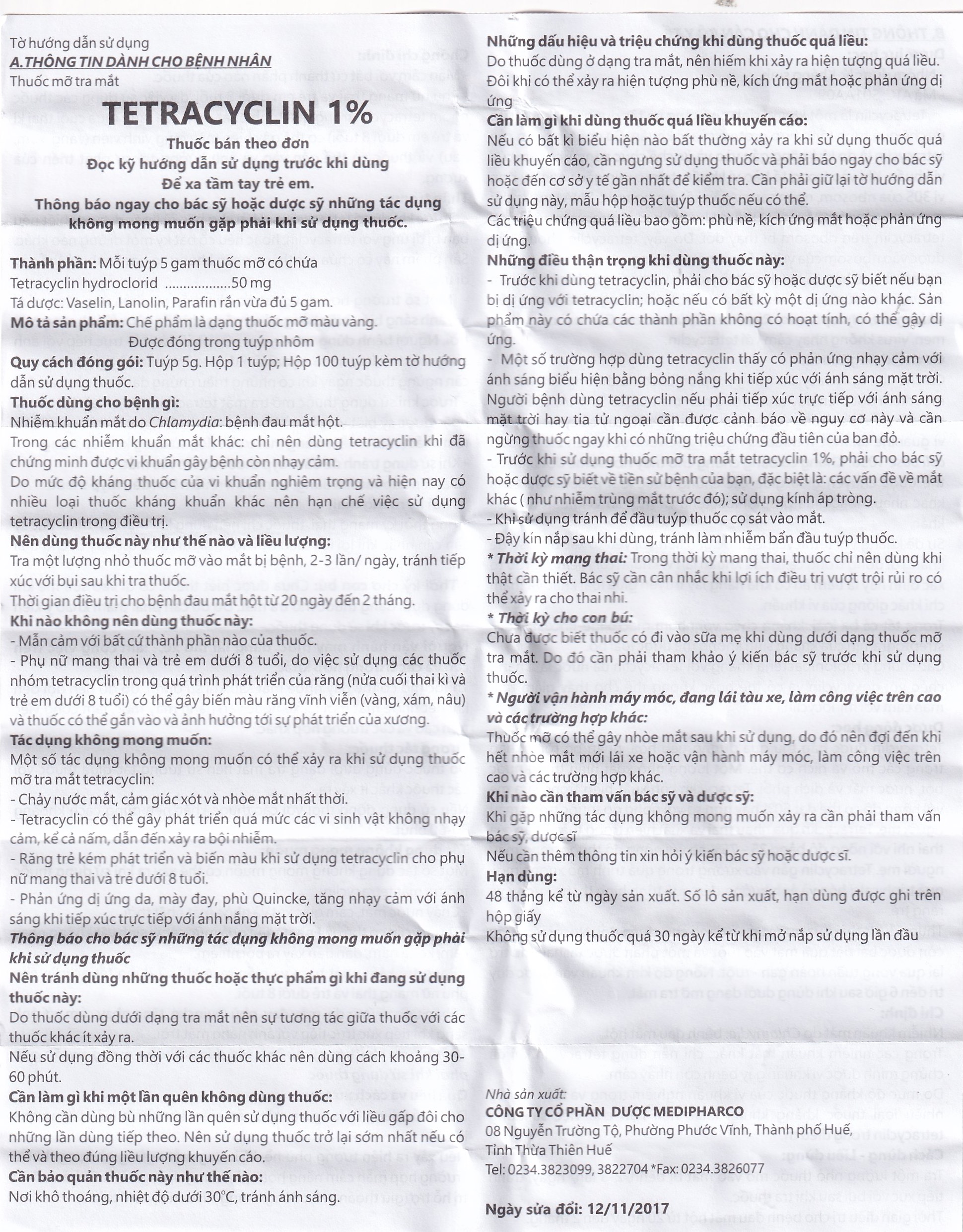 Thuốc mỡ tra mắt Tetracyclin 1% Medipharco điều trị đau mắt hột (5g)