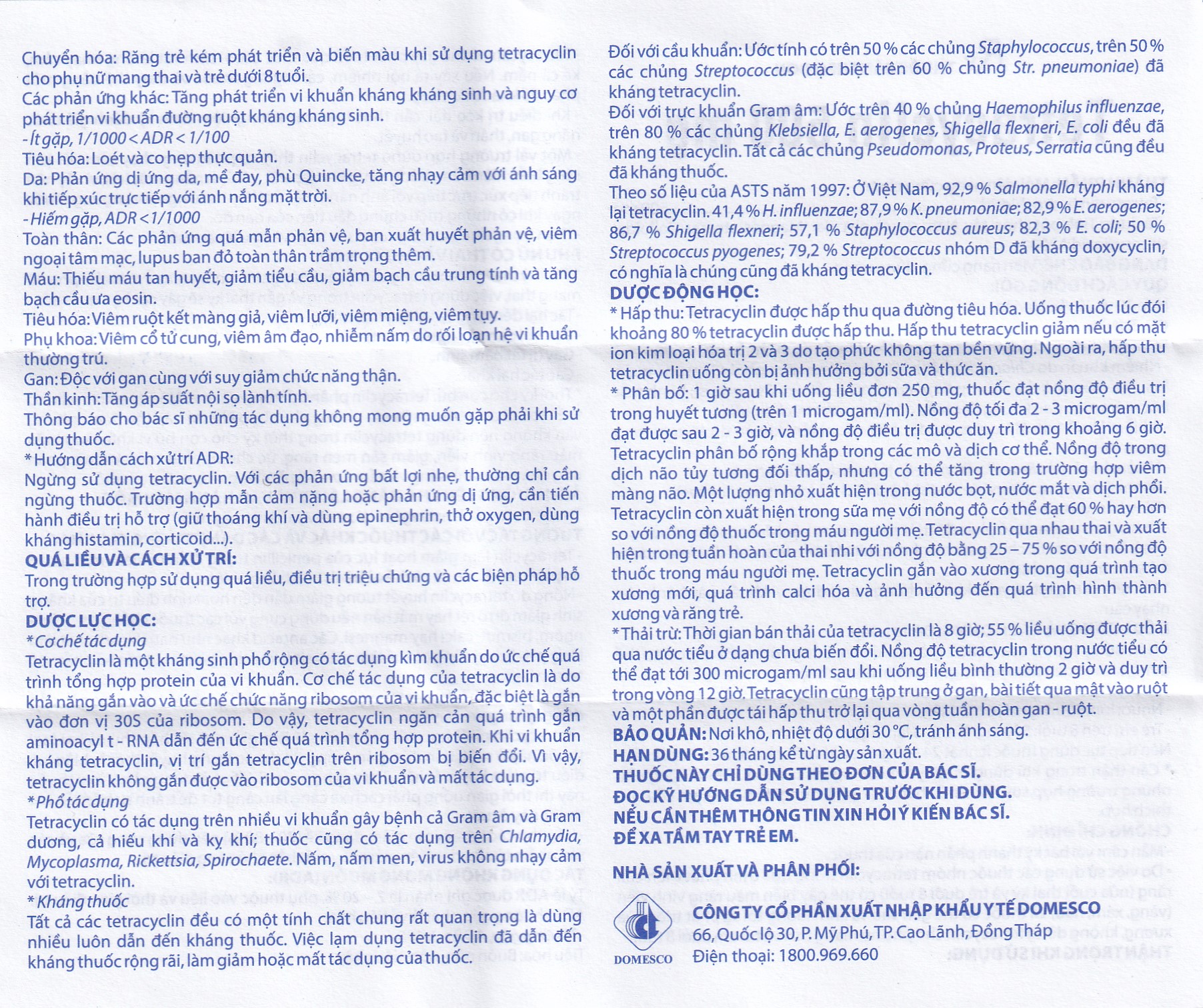 Thuốc Tetracyclin 500mg Domesco điều trị nhiễm khuẩn do vi khuẩn nhạy cảm (20 vỉ x 10 viên)