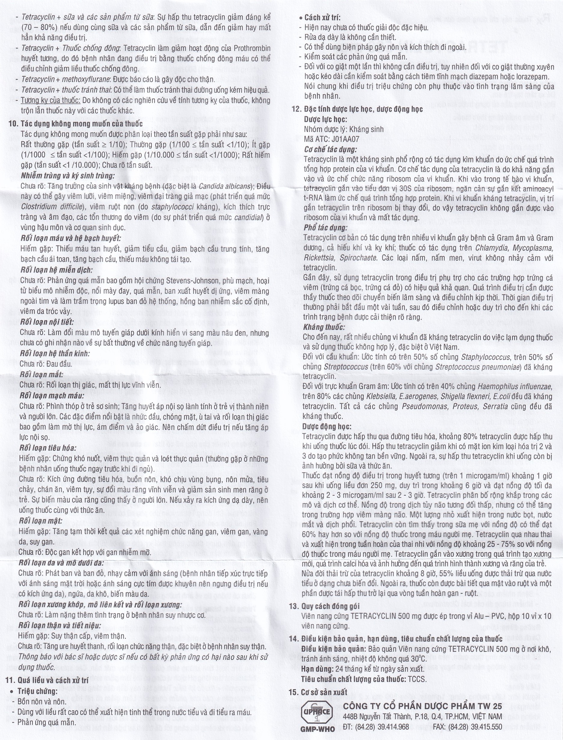 Thuốc  Tetracyclin 500mg Uphace điều trị nhiễm khuẩn đường hô hấp (10 vỉ x 10 viên)