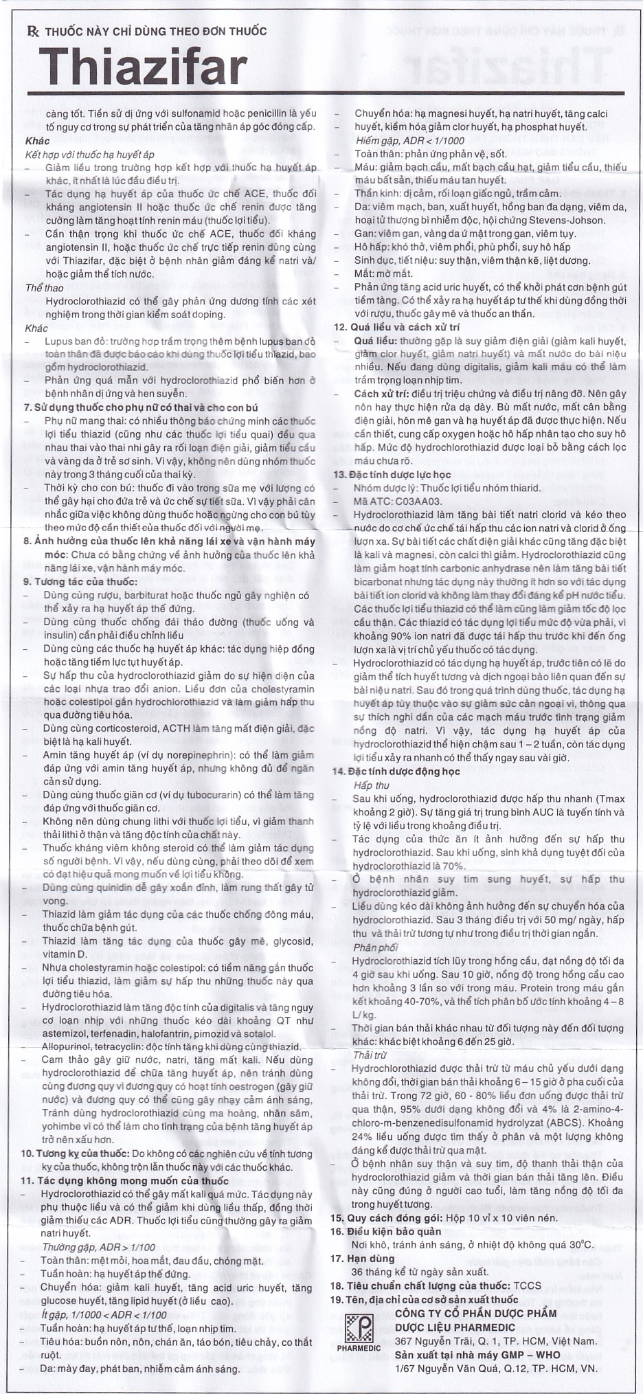 Thuốc Thiazifar Pharmedic điều trị suy tim, tăng huyết áp (10 vỉ x 10 viên) 