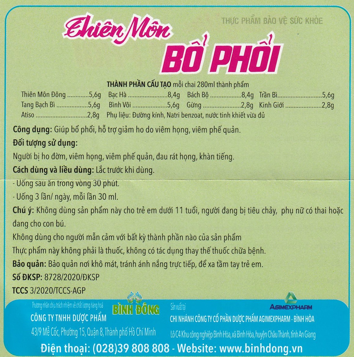 Hỗ trợ giảm ho Thiên Môn Bổ Phổi Bình Đông (280ml)
