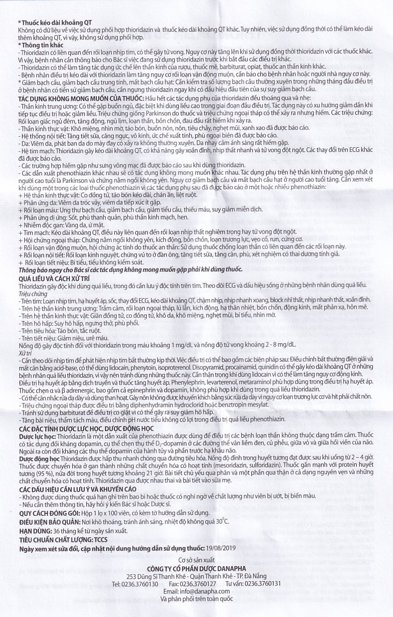 Thuốc Thioridazin 50mg Danapha điều trị bệnh tâm thần phân liệt (100 viên)