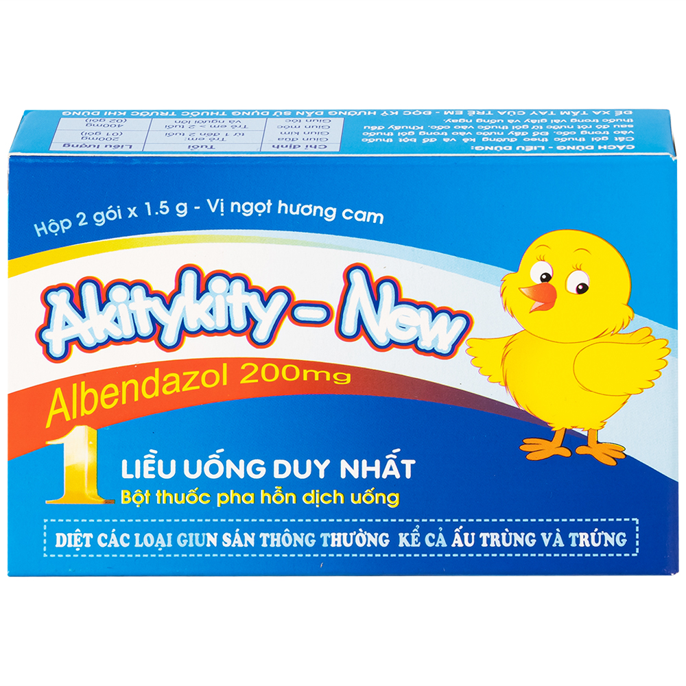 Hỗn dịch uống Akitykity-New 200mg Pharbaco vị ngọt hương cam diệt các loại giun sán, ấu trùng và trứng (2 gói x 1.5g)