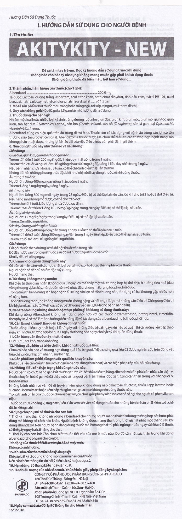Hỗn dịch uống Akitykity-New 200mg Pharbaco vị ngọt hương cam diệt các loại giun sán, ấu trùng và trứng (2 gói x 1.5g)