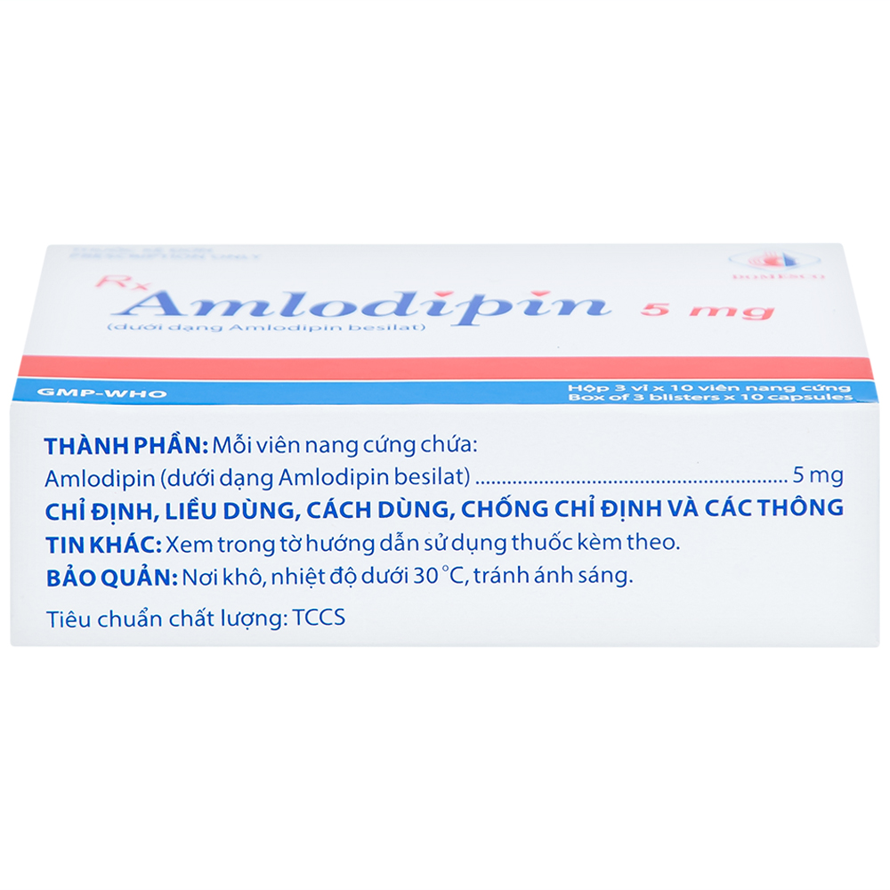 Thuốc Amlodipin 5mg Domesco điều trị tăng huyết áp, đau thắt ngực (3 vỉ x 10 viên)