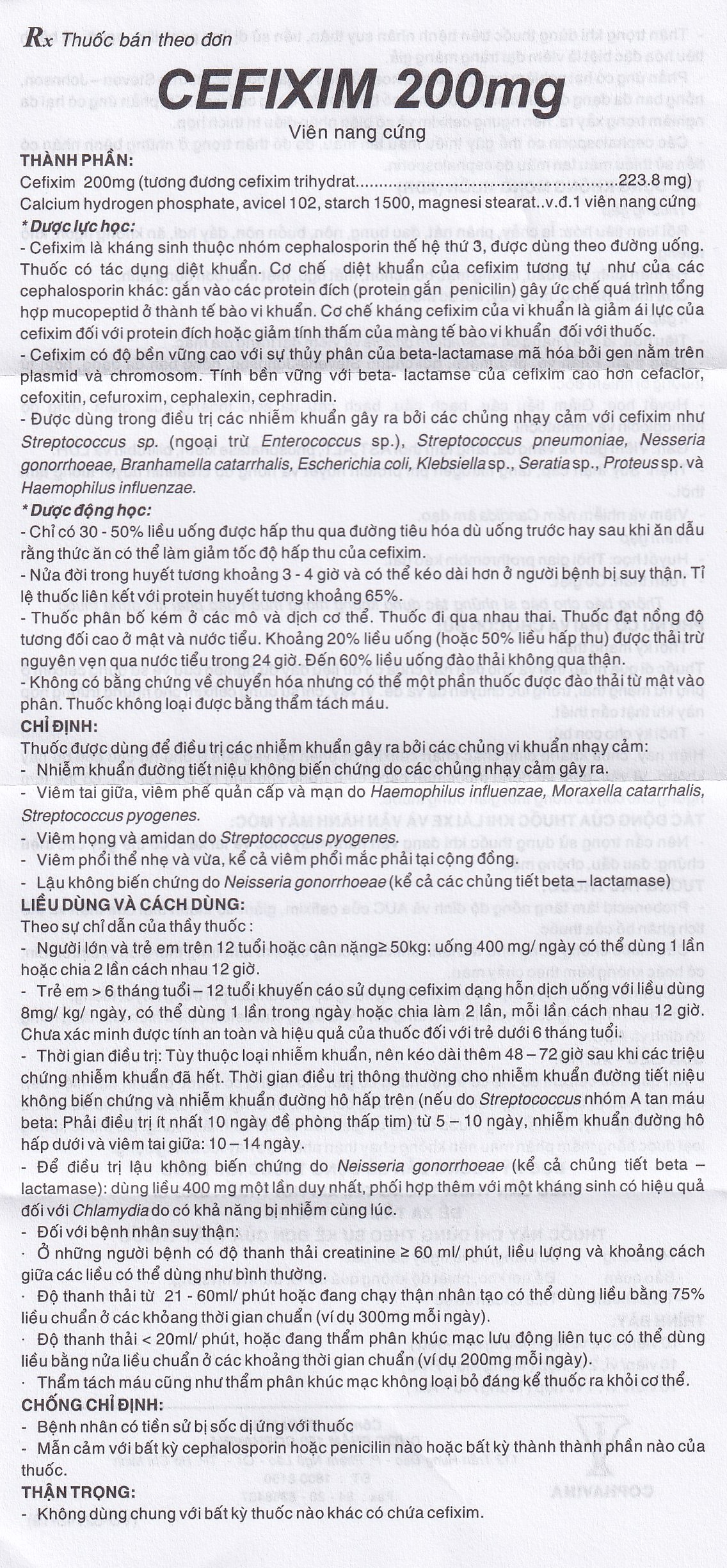 Thuốc Cefixim 200mg Cophavina điều trị nhiễm khuẩn (2 vỉ x 10 viên)