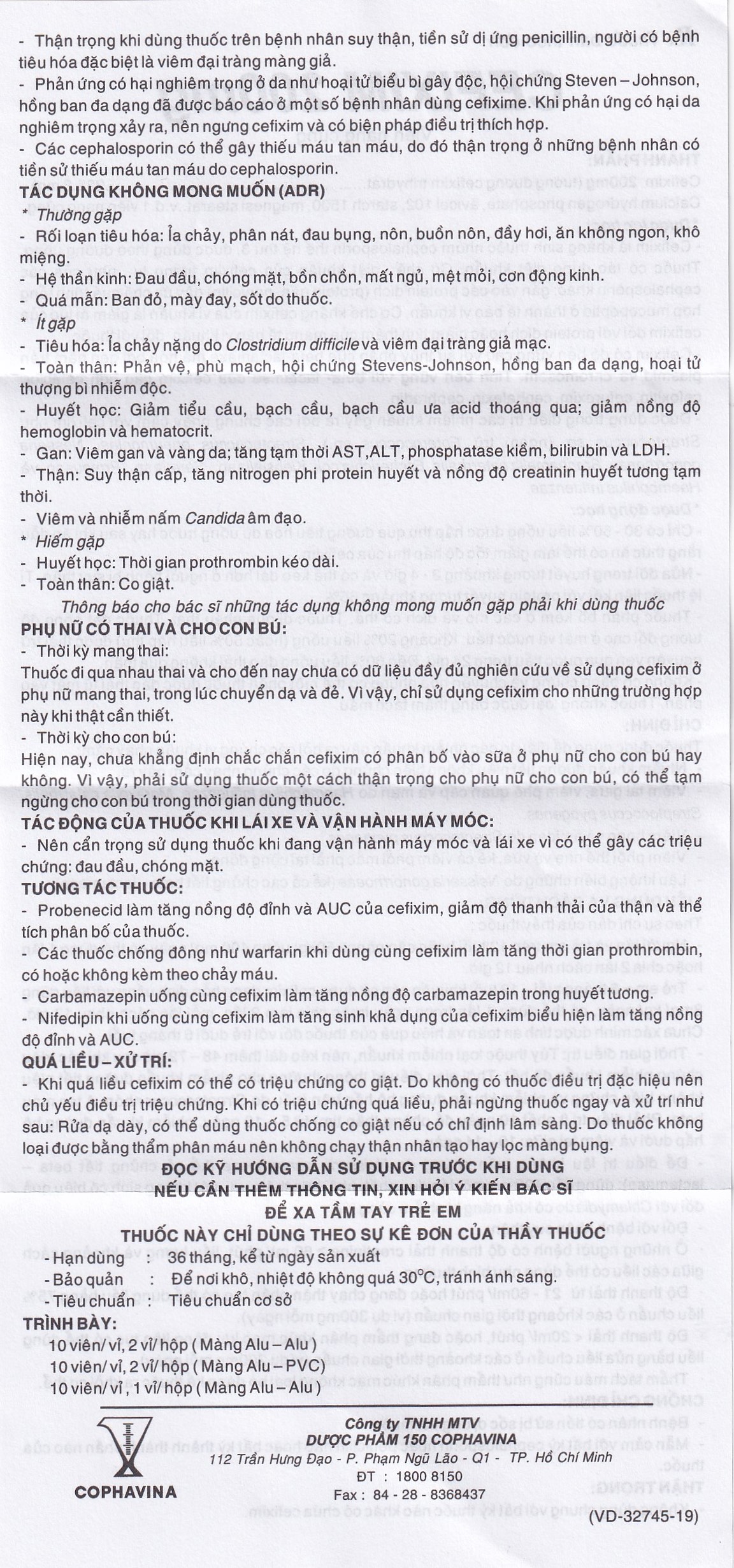 Thuốc Cefixim 200mg Cophavina điều trị nhiễm khuẩn (2 vỉ x 10 viên)