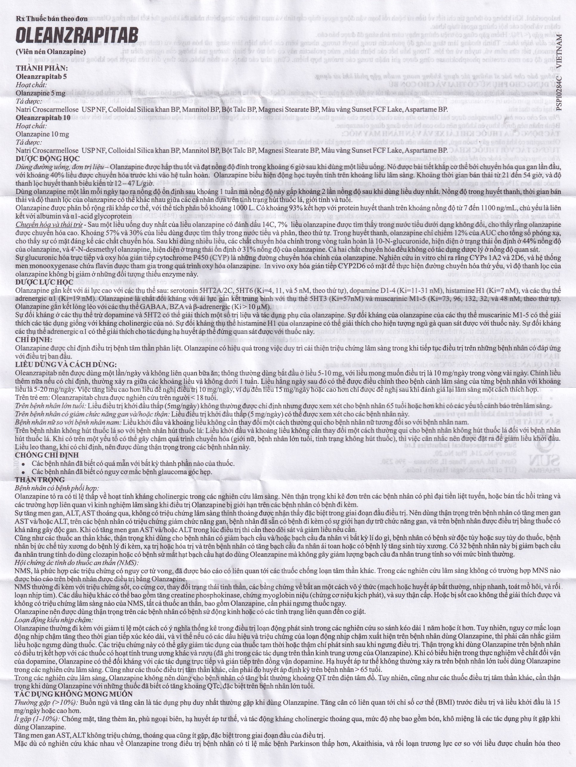 Viên nén Oleanzrapitab 5 Sun Pharma điều trị bệnh tâm thần phân liệt (5 vỉ x 10 viên)