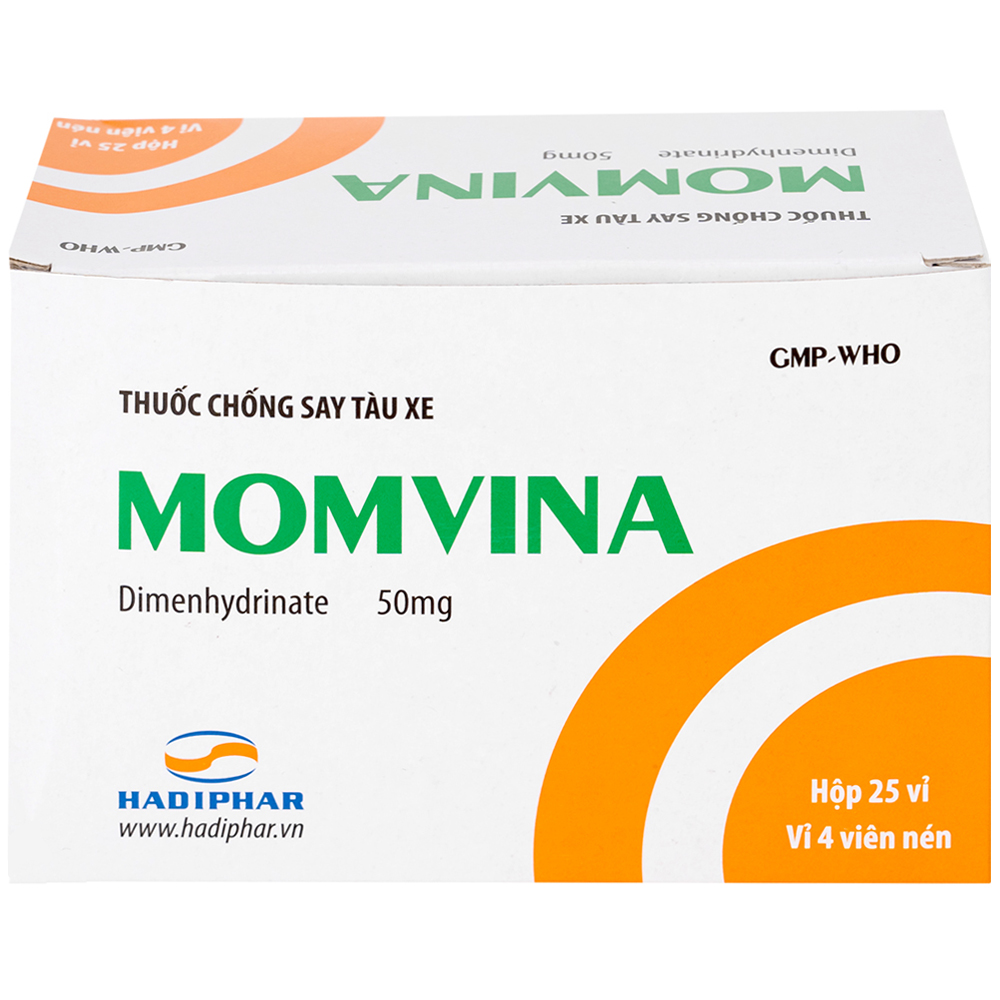 Thuốc chống say tàu xe Momvina Hadiphar điều trị chứng buồn nôn, nôn, chóng mặt (25 vỉ x 4 viên)