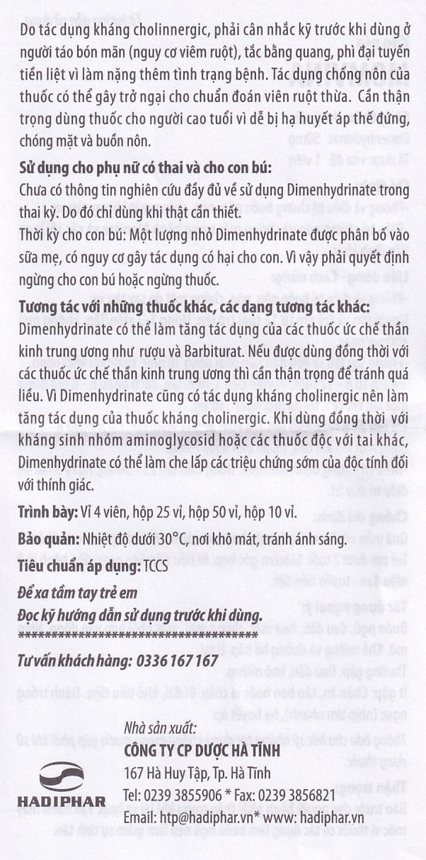Thuốc chống say tàu xe Momvina Hadiphar điều trị chứng buồn nôn, nôn, chóng mặt (25 vỉ x 4 viên)