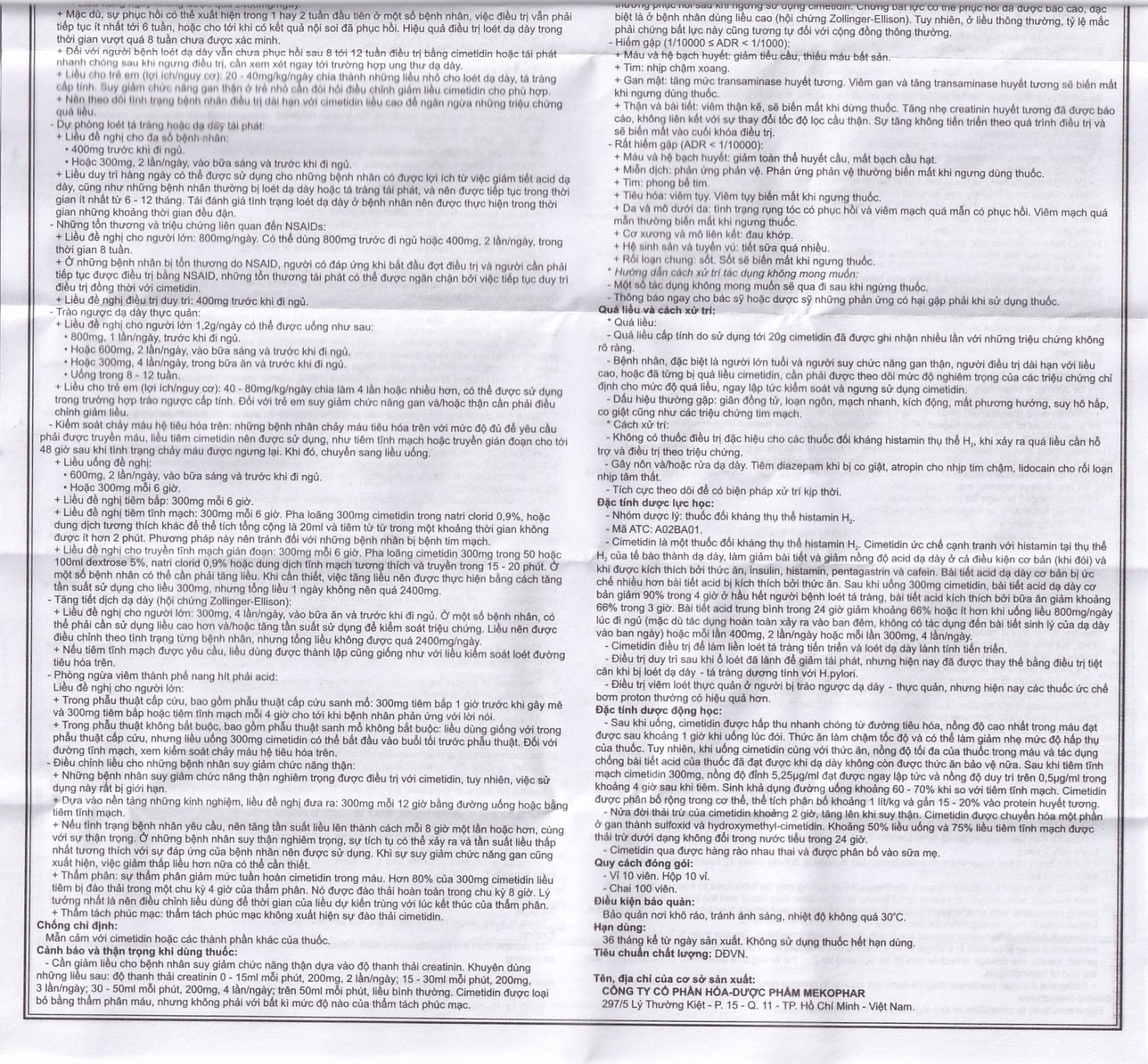 Thuốc Cimetidine MKP 300mg Mekophar điều trị ngắn hạn loét dạ dày, tá tràng tiến triển (10 vỉ x 10 viên)