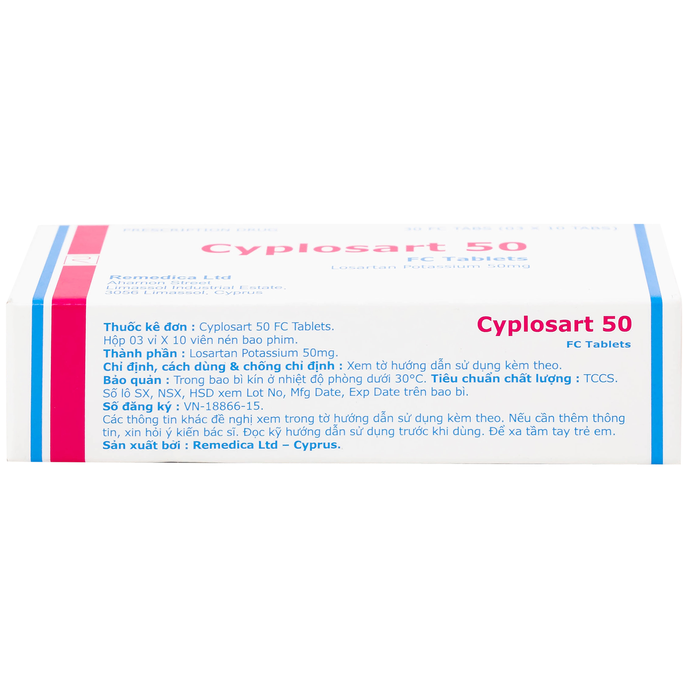 Thuốc Cyplosart 50 Remedica điều trị tăng huyết áp (3 vỉ x 10 viên)