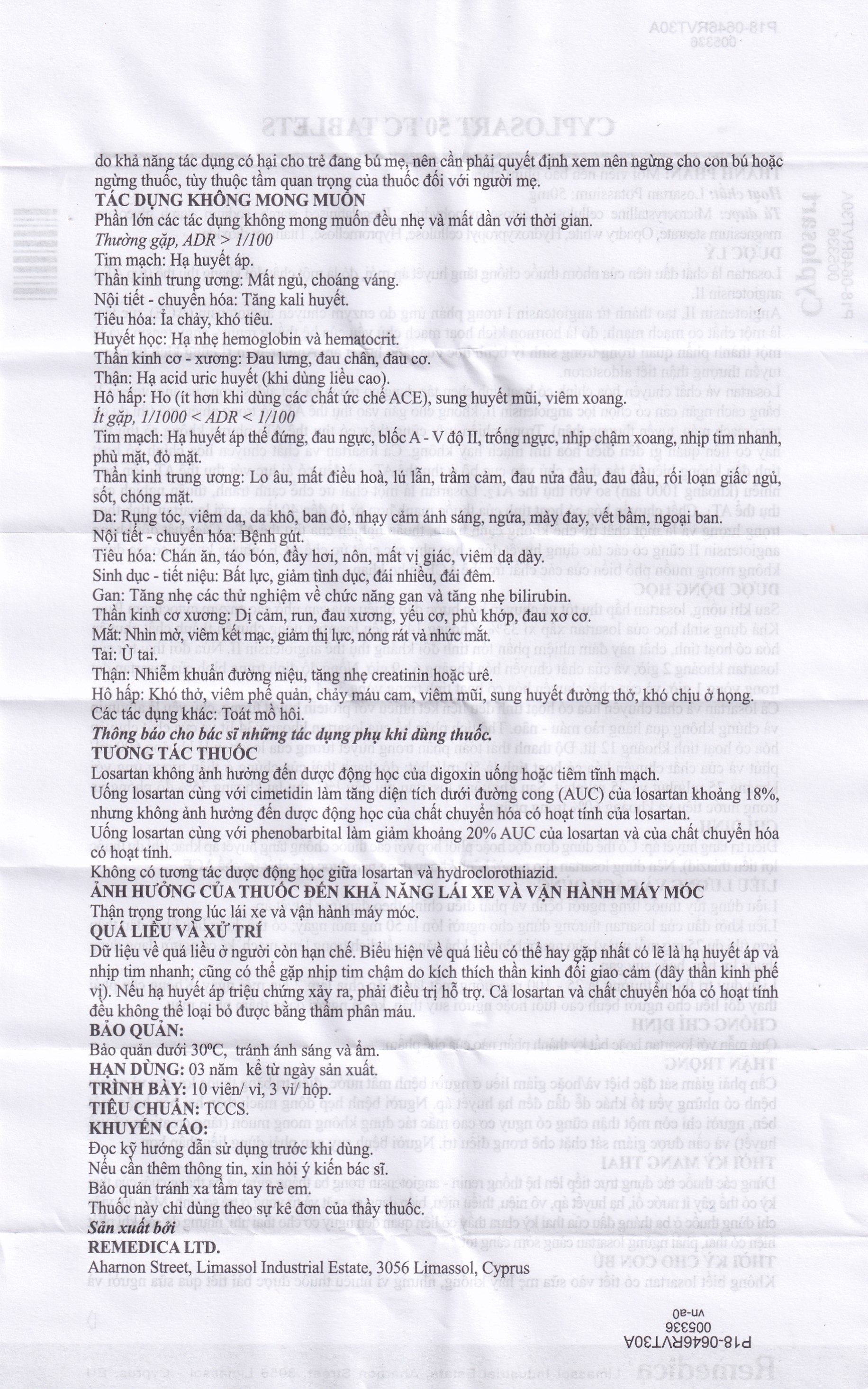 Thuốc Cyplosart 50 Remedica điều trị tăng huyết áp (3 vỉ x 10 viên)