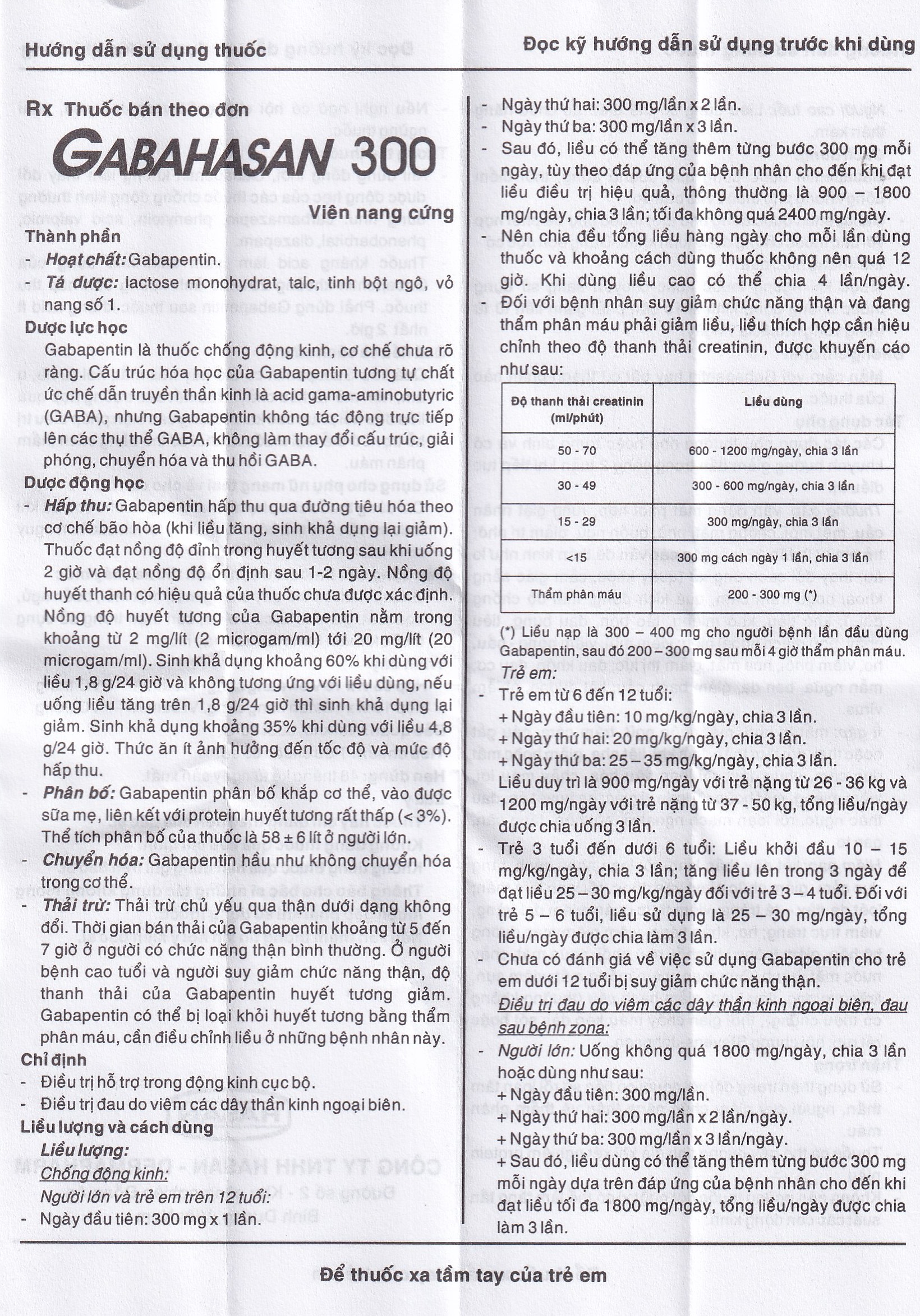 Thuốc Gabahasan 300 Hasan điều trị hỗ trợ trong động kinh cục bộ, đau viêm dây thần kinh ngoại biên (3 vỉ x 10 viên)