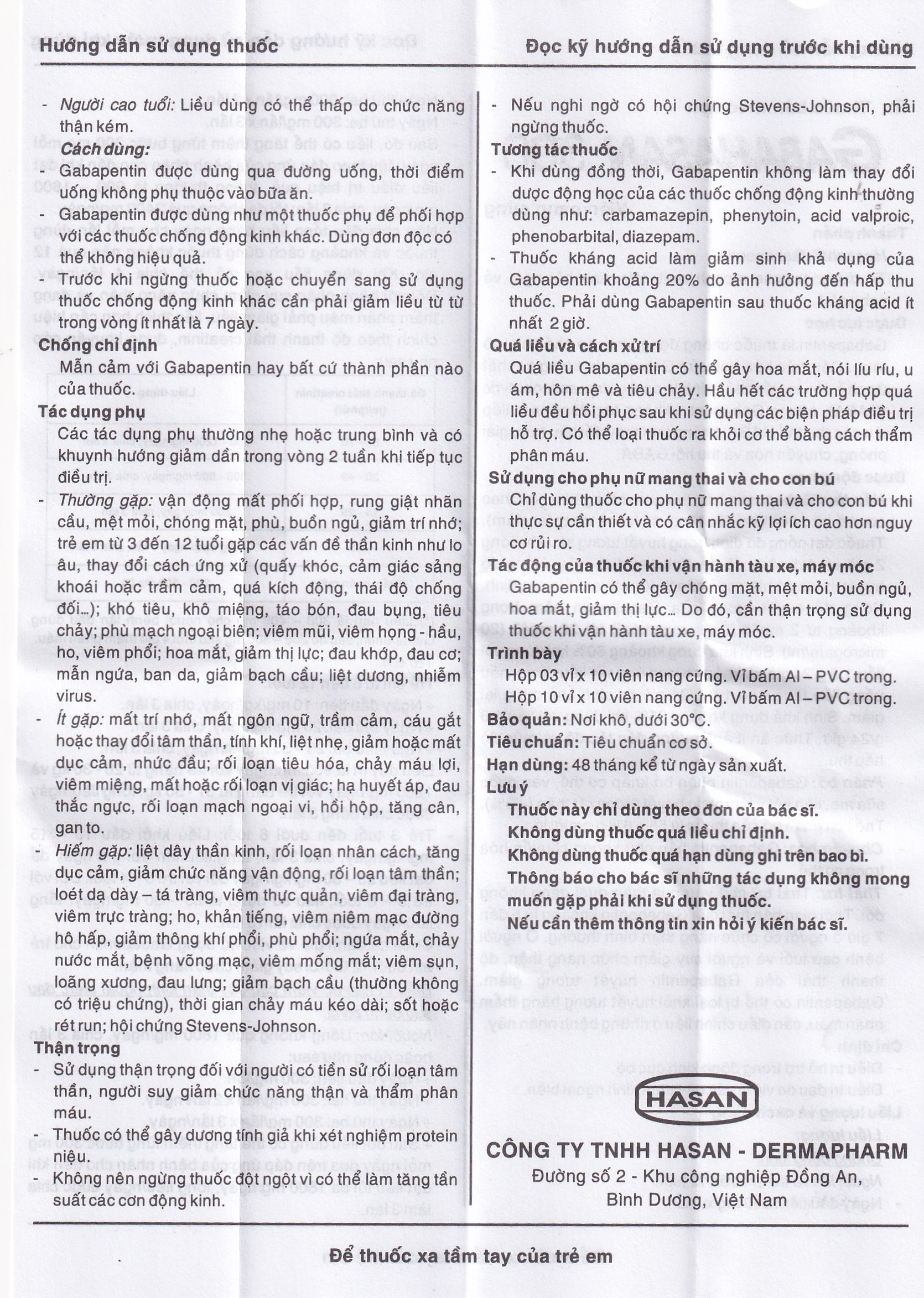 Thuốc Gabahasan 300 Hasan điều trị hỗ trợ trong động kinh cục bộ, đau viêm dây thần kinh ngoại biên (3 vỉ x 10 viên)