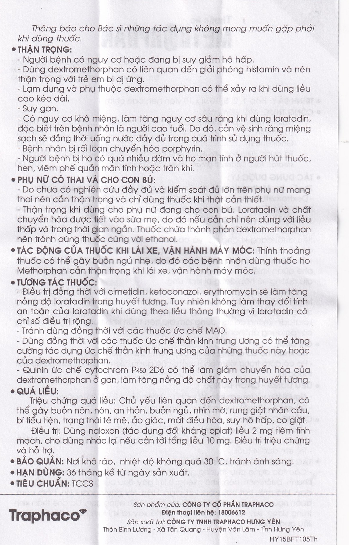 Thuốc ho Methorphan Traphaco cắt cơn ho, điều trị long đờm, chống dị ứng (2 vỉ x 10 viên)