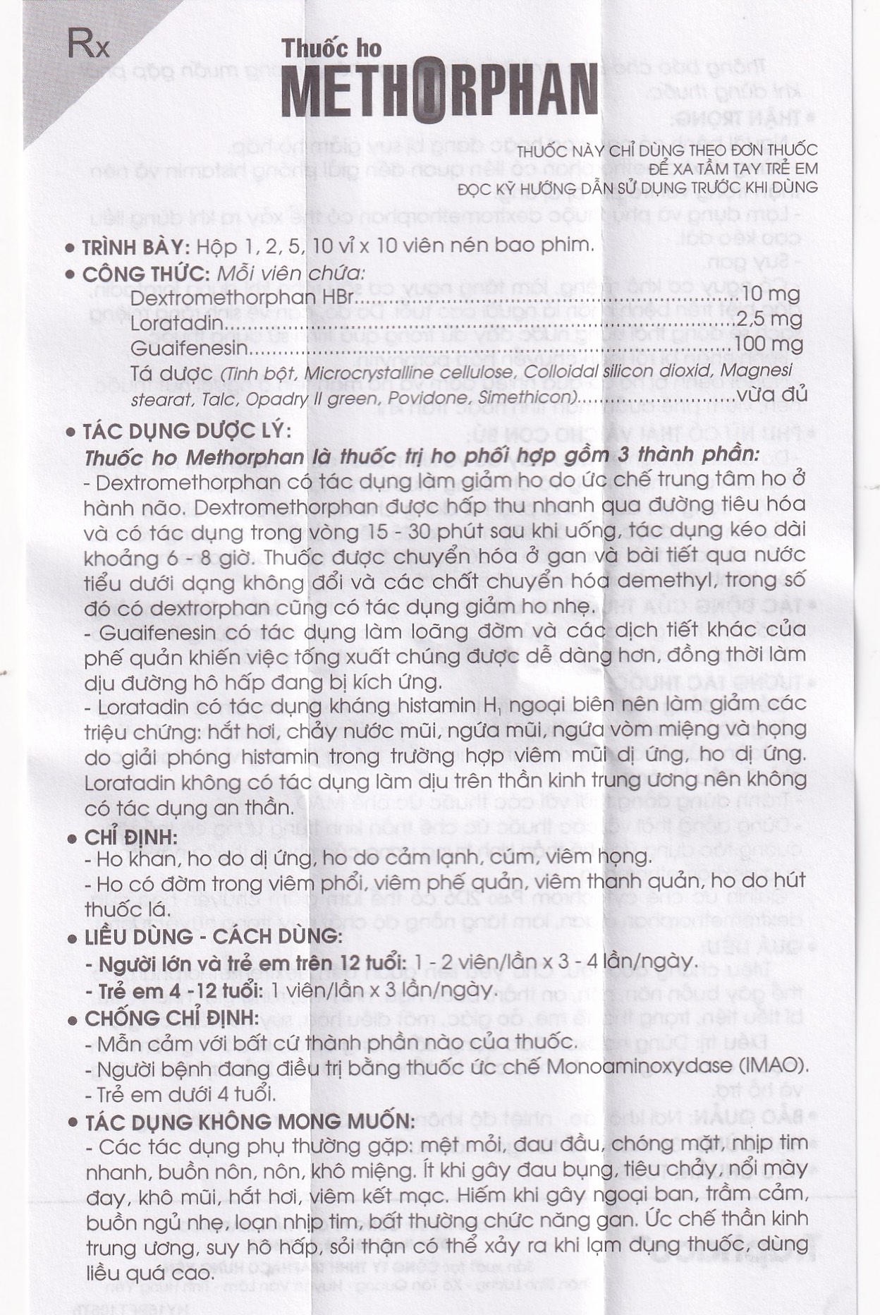 Thuốc ho Methorphan Traphaco cắt cơn ho, điều trị long đờm, chống dị ứng (2 vỉ x 10 viên)