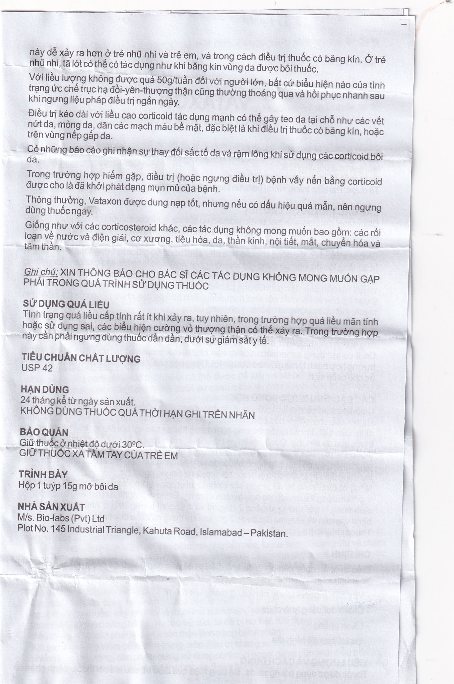 Thuốc mỡ bôi da Vataxon 15g M/s Bio-Labs điều trị ngắn ngày các bệnh da