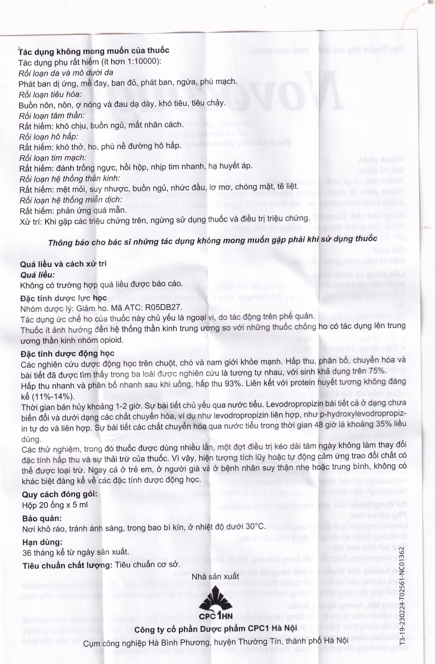 Dung dịch uống Novocough 6mg/ml CPC1HN điều trị triệu chứng ho (20 ống x 5ml)