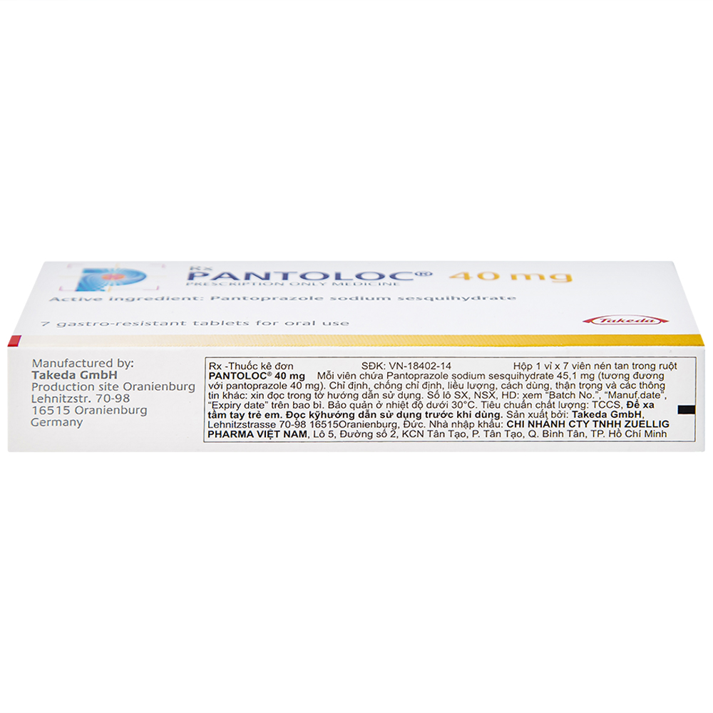 Viên nén Pantoloc 40mg Takeda điều trị viêm thực quản trào ngược (1 vỉ x 7 viên) 