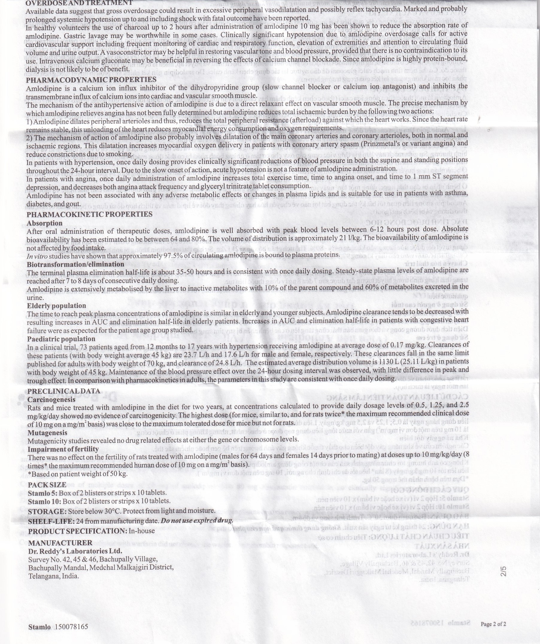 Thuốc Stamlo 5 Dr. Reddy's điều trị tăng huyết áp, đau thắt ngực ổn định mạn tính (2 vỉ x 10 viên)