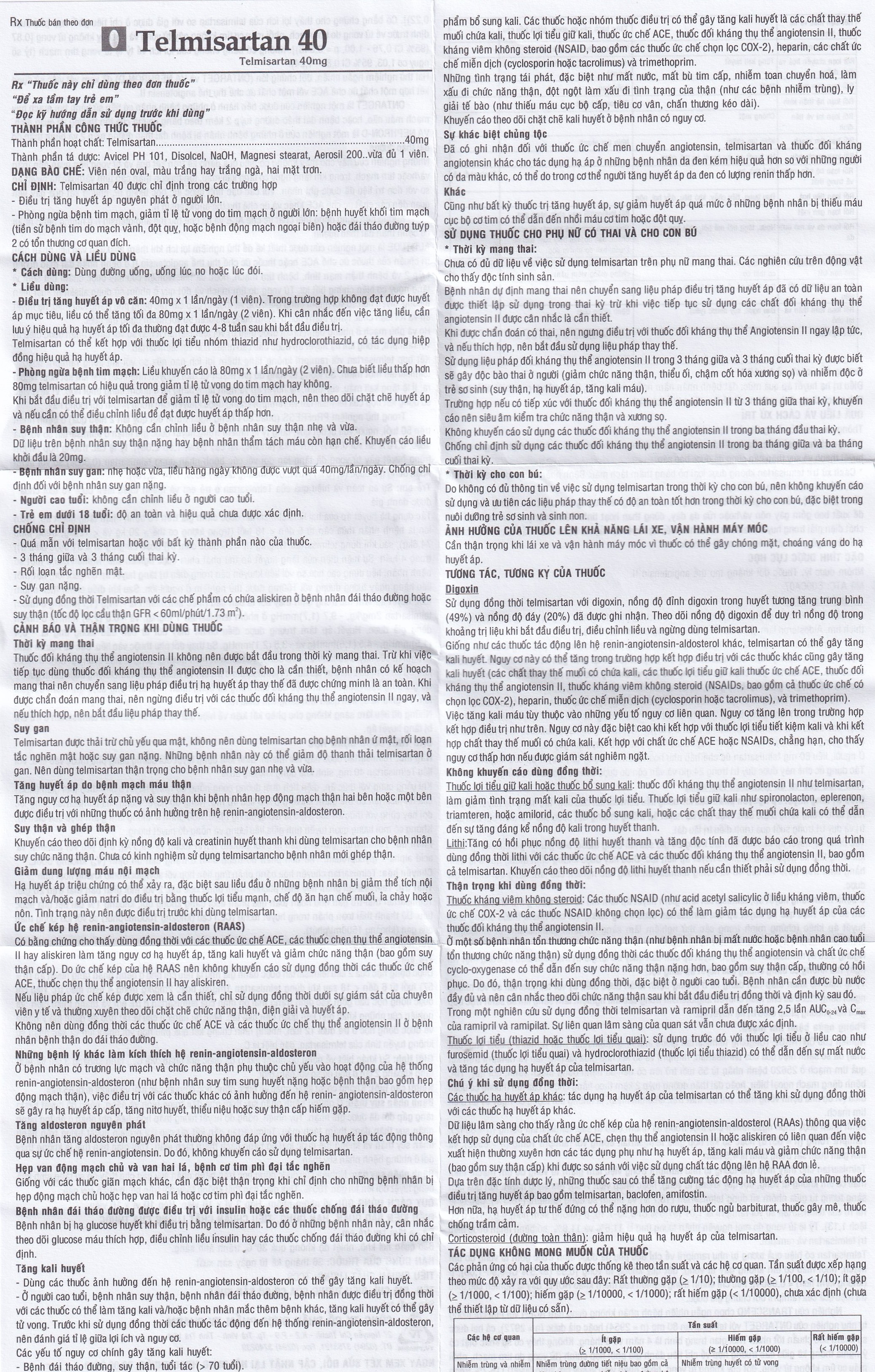 Thuốc Telmisartan 40 TV.Pharm điều trị tăng huyết áp (3 vỉ x 10 viên)
