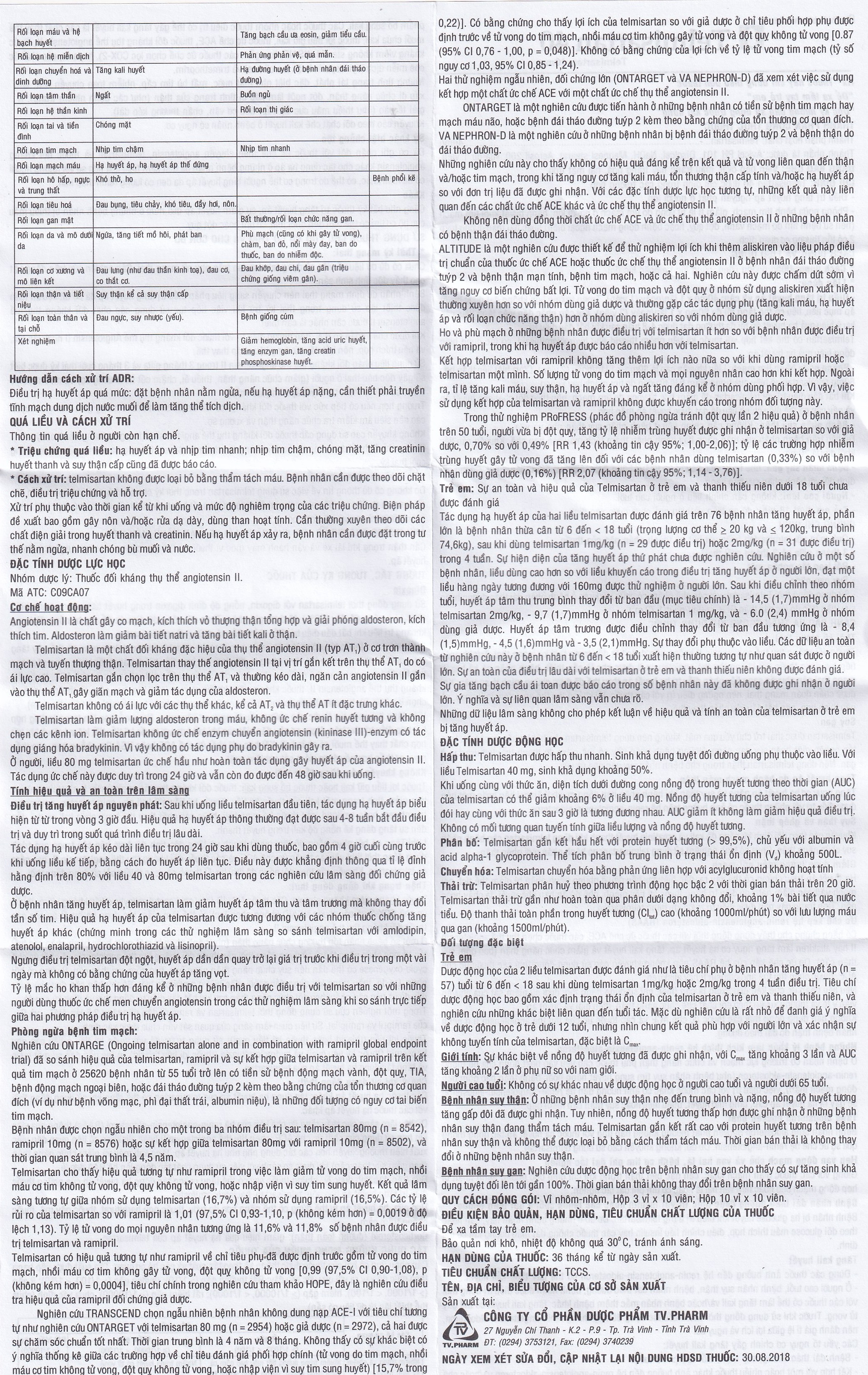 Thuốc Telmisartan 40 TV.Pharm điều trị tăng huyết áp (3 vỉ x 10 viên)
