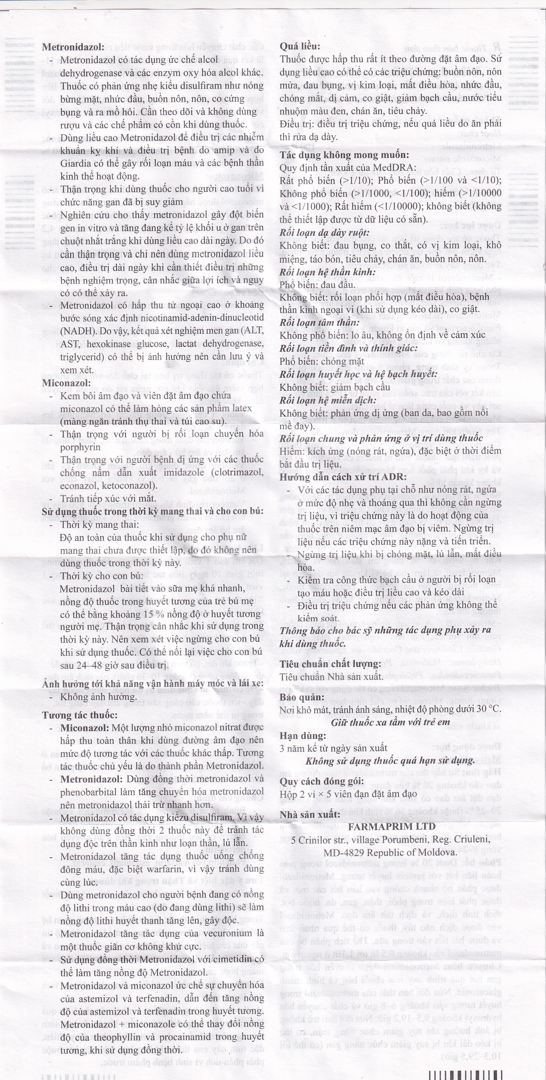 Viên đặt âm đạo Vanober Farmaprim điều trị viêm âm đạo khí hư, ngứa rát (2 vỉ x 5 viên)