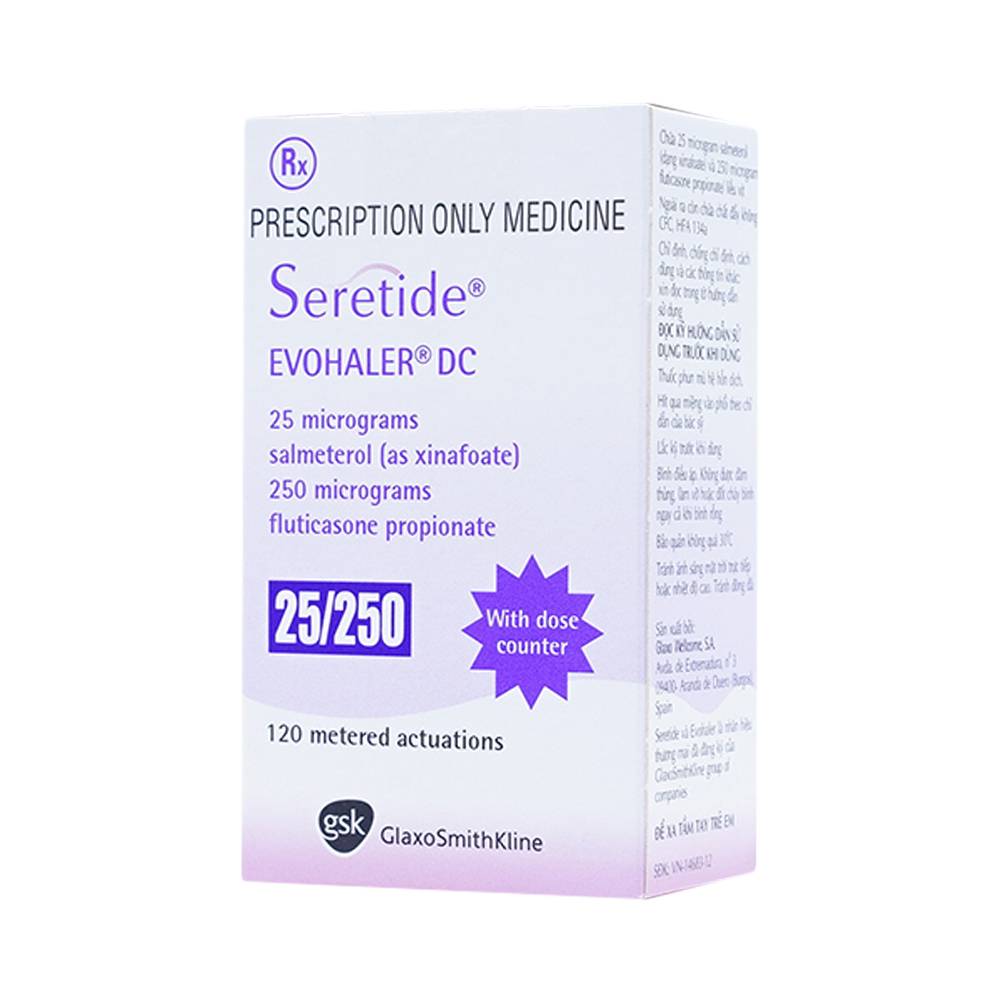 Khí dung Seretide Evohaler DC 25/250 Gsk điều trị hen phế quản, tắc nghẽn phổi mạn tính (120 liều)