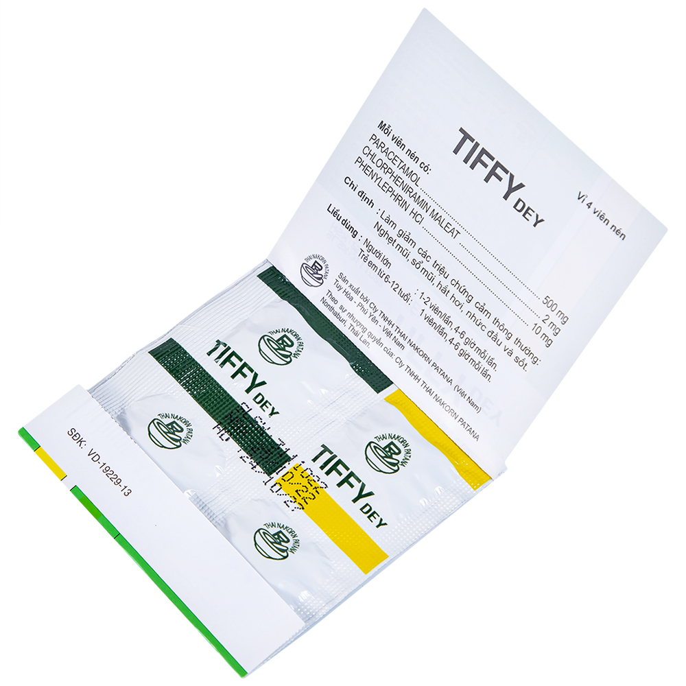 Thuốc Tiffy Dey Thai Nakorn Patana điều trị nghẹt mũi, sổ mũi (25 vỉ x 4 viên)