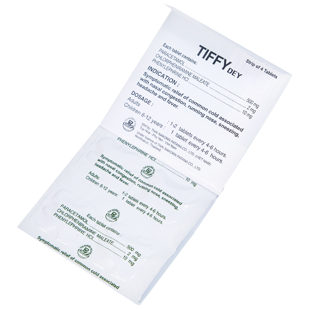Thuốc Tiffy Dey Thai Nakorn Patana điều trị nghẹt mũi, sổ mũi (25 vỉ x 4 viên)