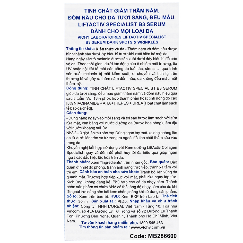 Tinh chất ngăn ngừa thâm nám, đốm nâu Liftactiv Specialist B3 Serum 30ml Vichy