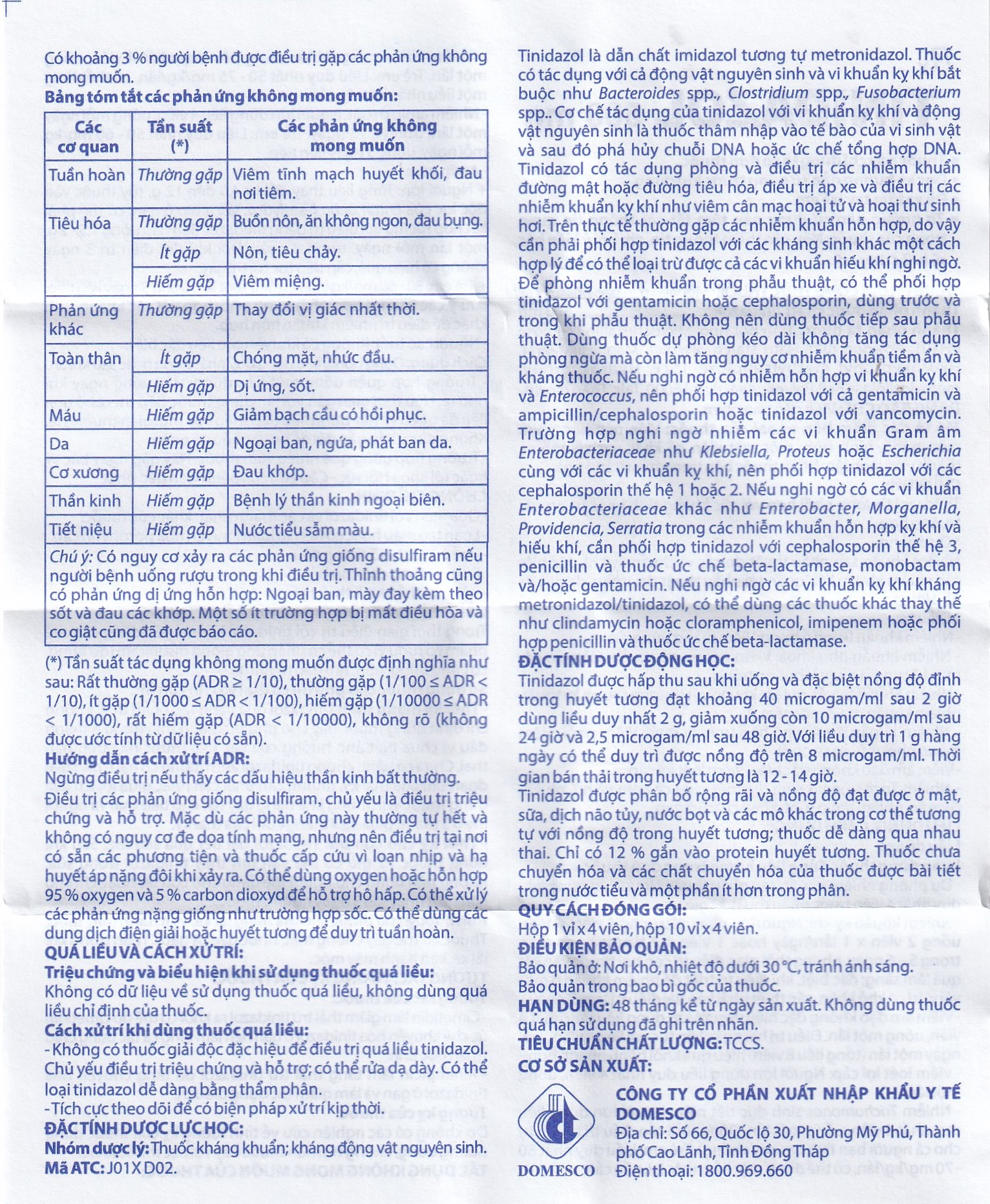 Thuốc Tinidazol 500mg Domesco dự phòng nhiễm khuẩn sau phẫu thuật (1 vỉ x 4 viên)