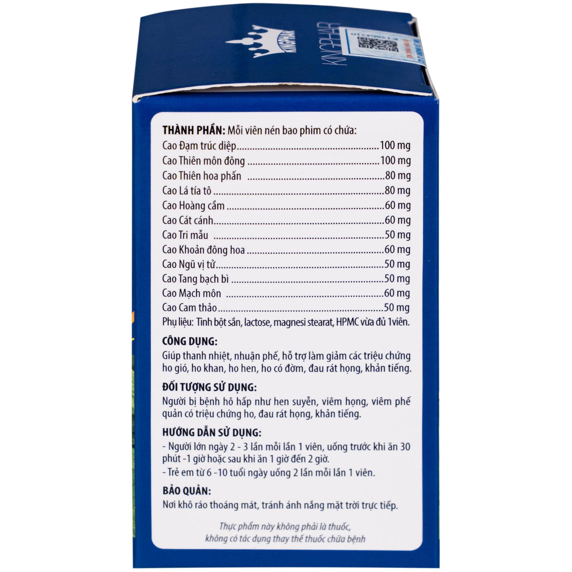 Viên uống giúp thanh nhiệt, nhuận phế, giảm ho Toàn Lộc Bổ Phế Kingphar (60 viên)