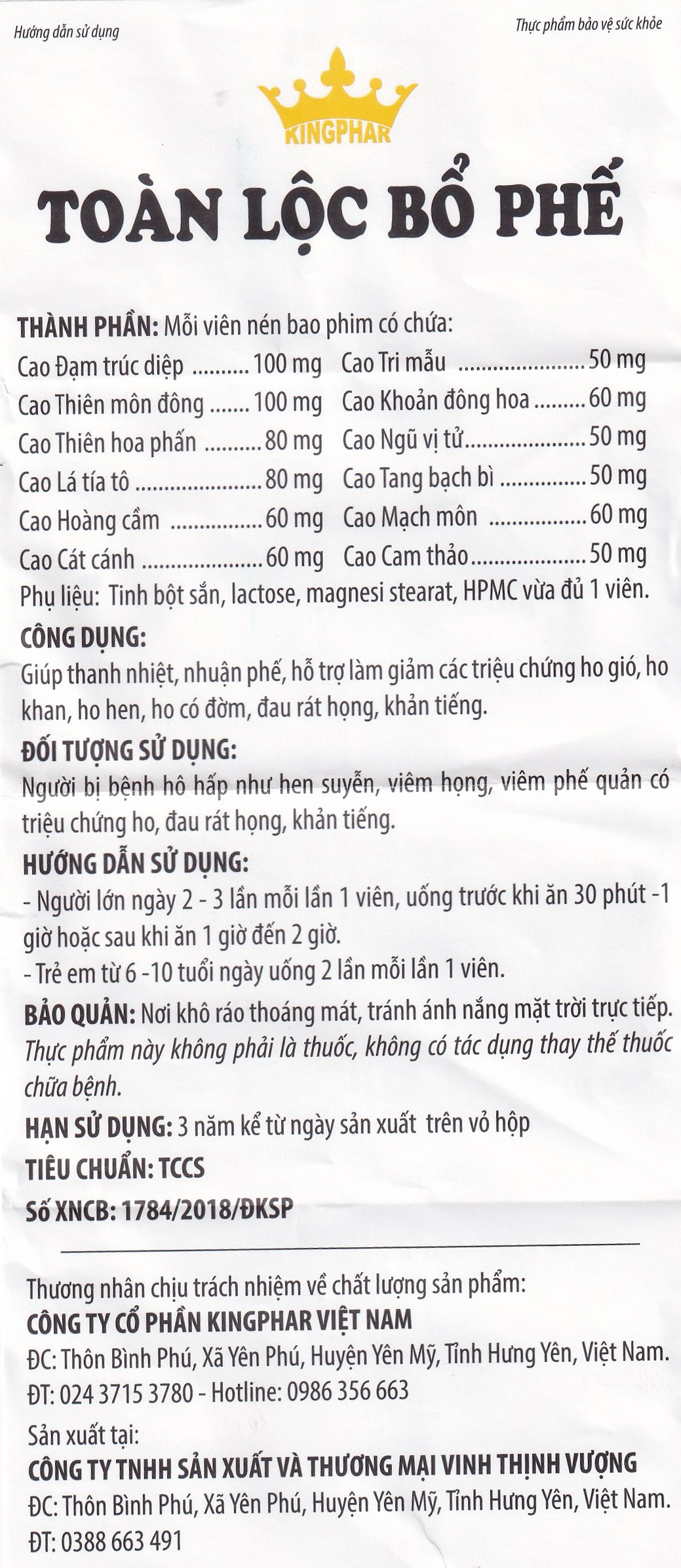 Viên uống giúp thanh nhiệt, nhuận phế, giảm ho Toàn Lộc Bổ Phế Kingphar (60 viên)